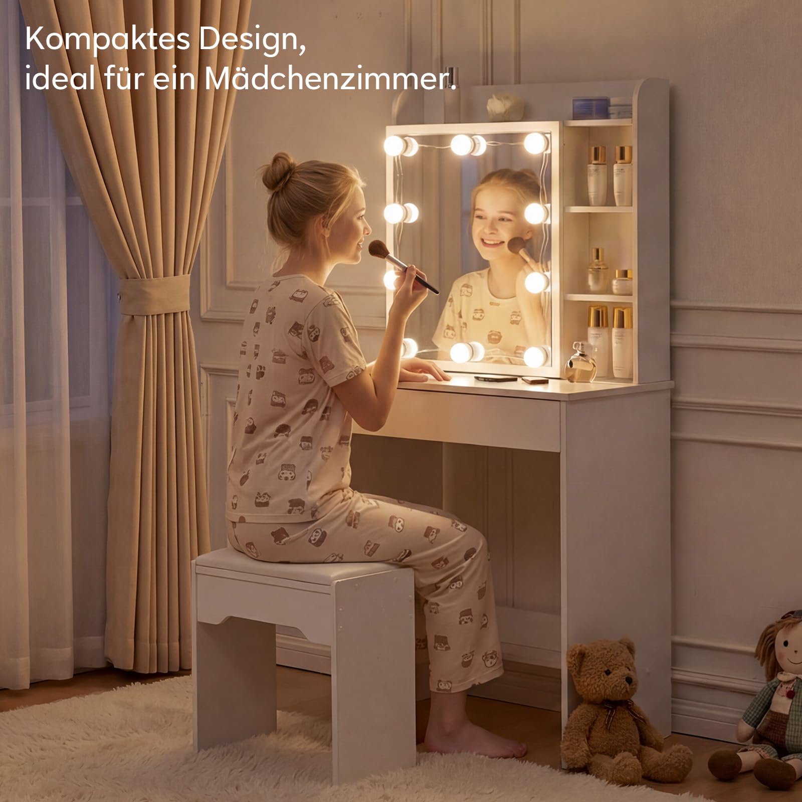 TUKAILAI Schminktisch mit Beleuchtung, Weiß Kosmetiktisch mit Schiebespiegel, Großer Schublade & Regalen, Frisiertisch Schmal mit Stuhl klein Schminktisch für Schlafzimmer 60x40x130cm