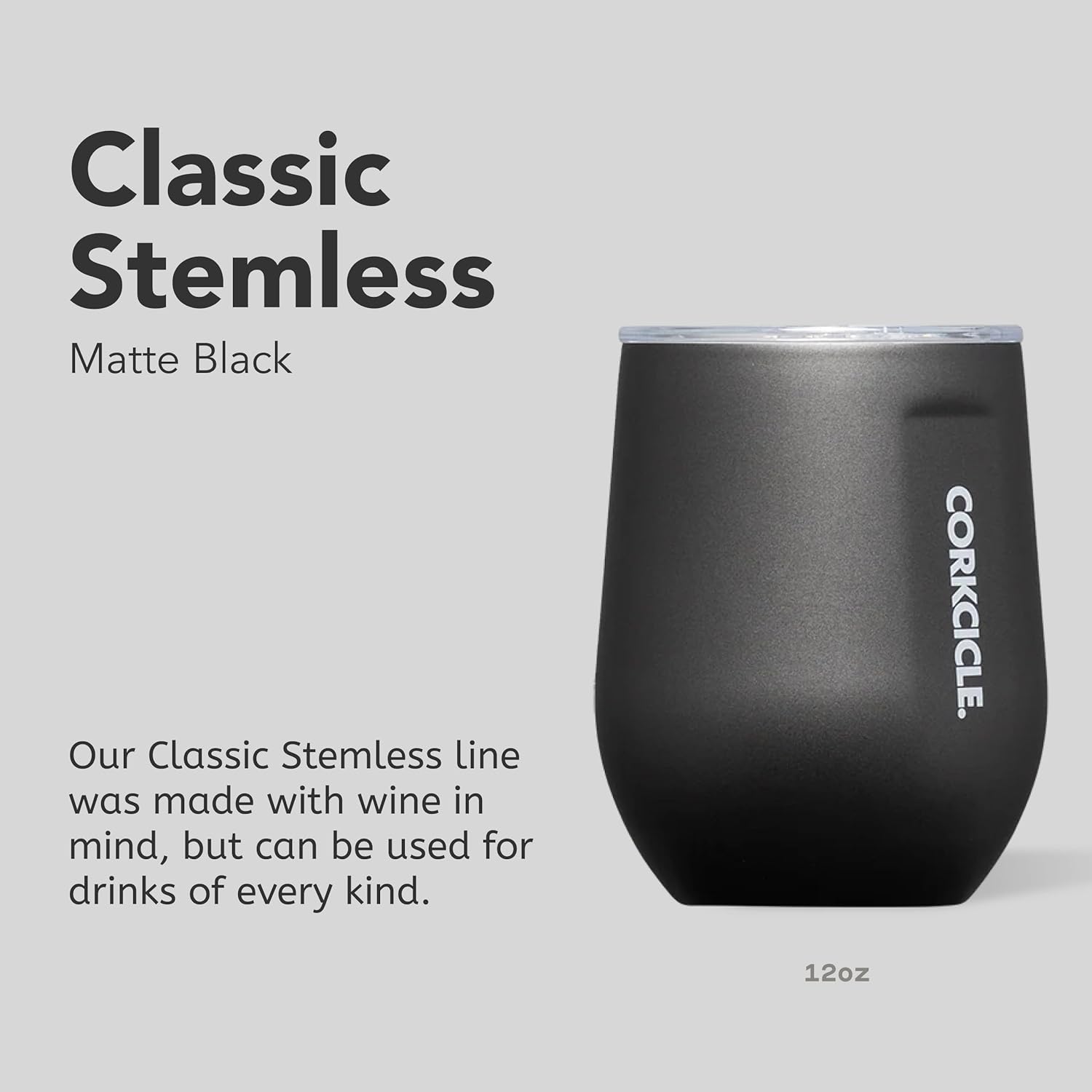 Corkcicle Stemless Wine Tumbler - Keeps Drinks Cold for 6 Hours - Triple-Insulated Stainless Steel - Non-Slip Base - Summer Drinkware Gift - Keeps Drinks Ice Cold - 12 oz - Matte Black - Image 2