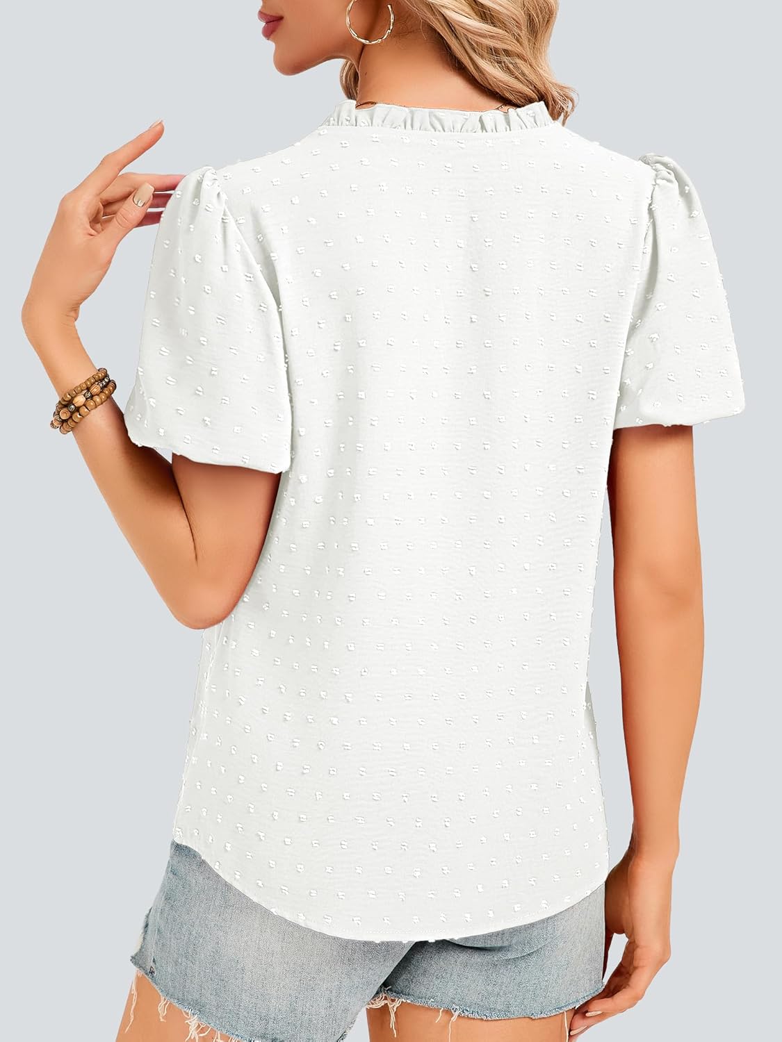 Funlingo Womens Boho Tops Summer Short Puff Sleeve V Neck Blouses Dressy Casual Flowy Swiss Dot Lace Crochet Shirts - Image 3