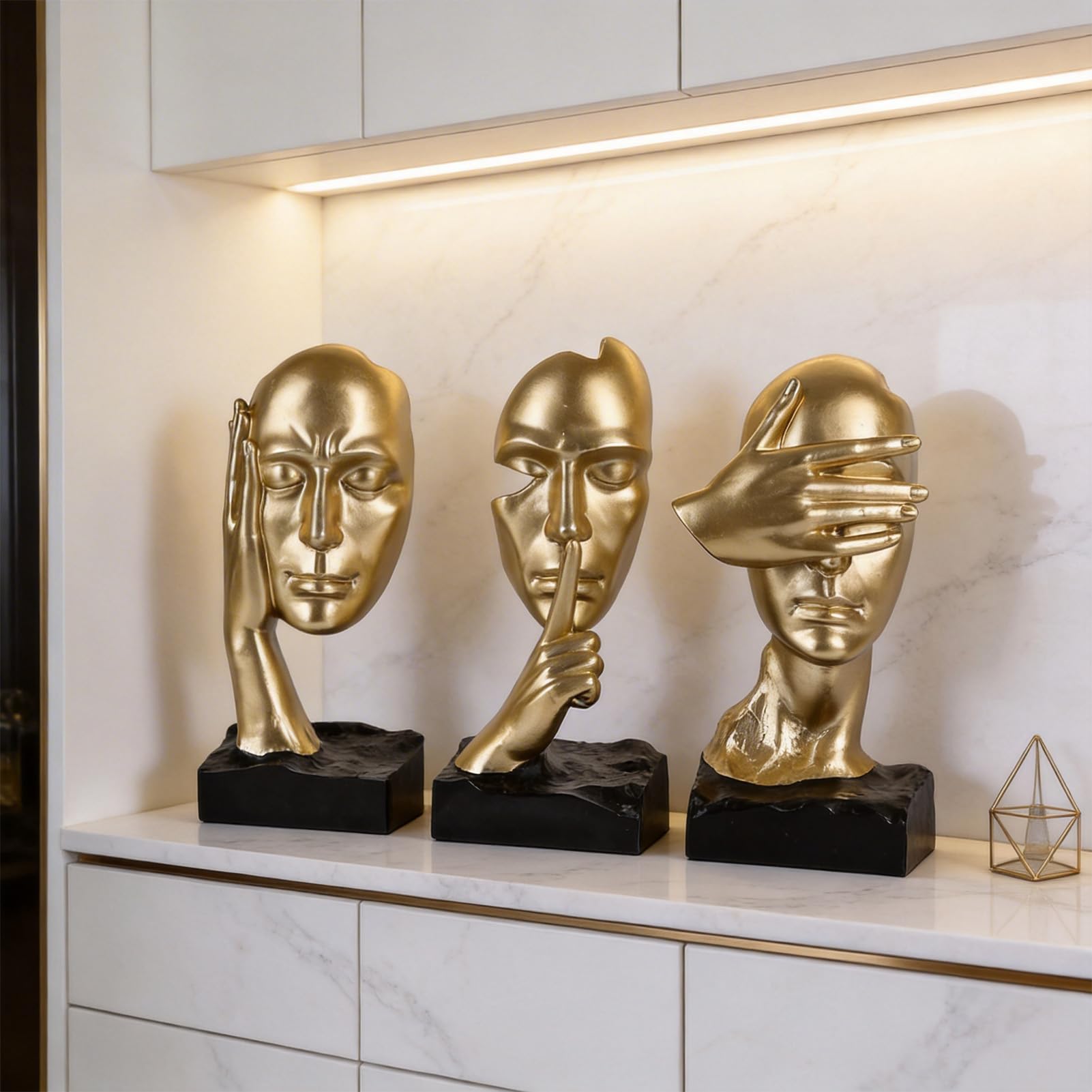 Set di 3 statue del pensatore con scritta in inglese "See No Evil Hear No Evil Speak No Evil, No Evil, No Evil, Scultura astratta, in resina, decorazione per casa, ufficio, soggiorno, mensola