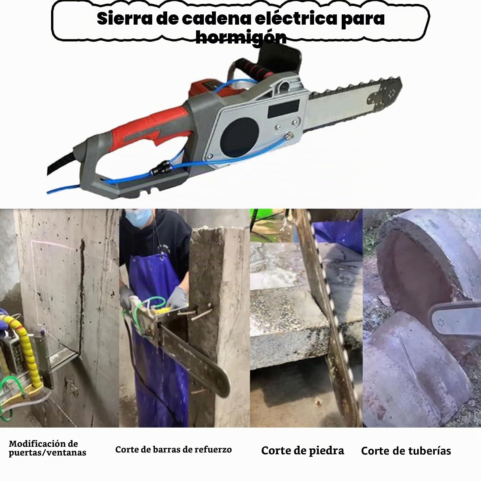 Motosierra de mano para cortar muros, cortadora de muros eléctrica de cadena diamantada para hormigón, con de supresión de polvo con alimentación de agua, 2 cadenas y 2 barras guía,480