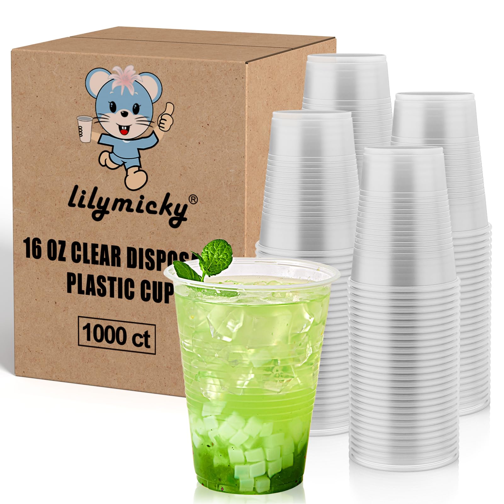 Lilymicky 1000 PACK 16 oz Clear Plastic Cups Cold Disposable Party Drinking Cups for Parties Picnic BBQ Events