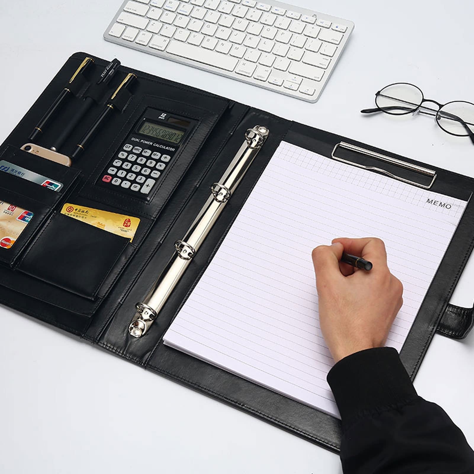 Organizator folderów Padfolio PU Skórzany segregator do teczek A4 Portfolio Padfolio Planer dokumentów biznesowych dla kobiet Mężczyźni Skórzany organizer do teczek z kalkulatorem i pismem odręcznym(B