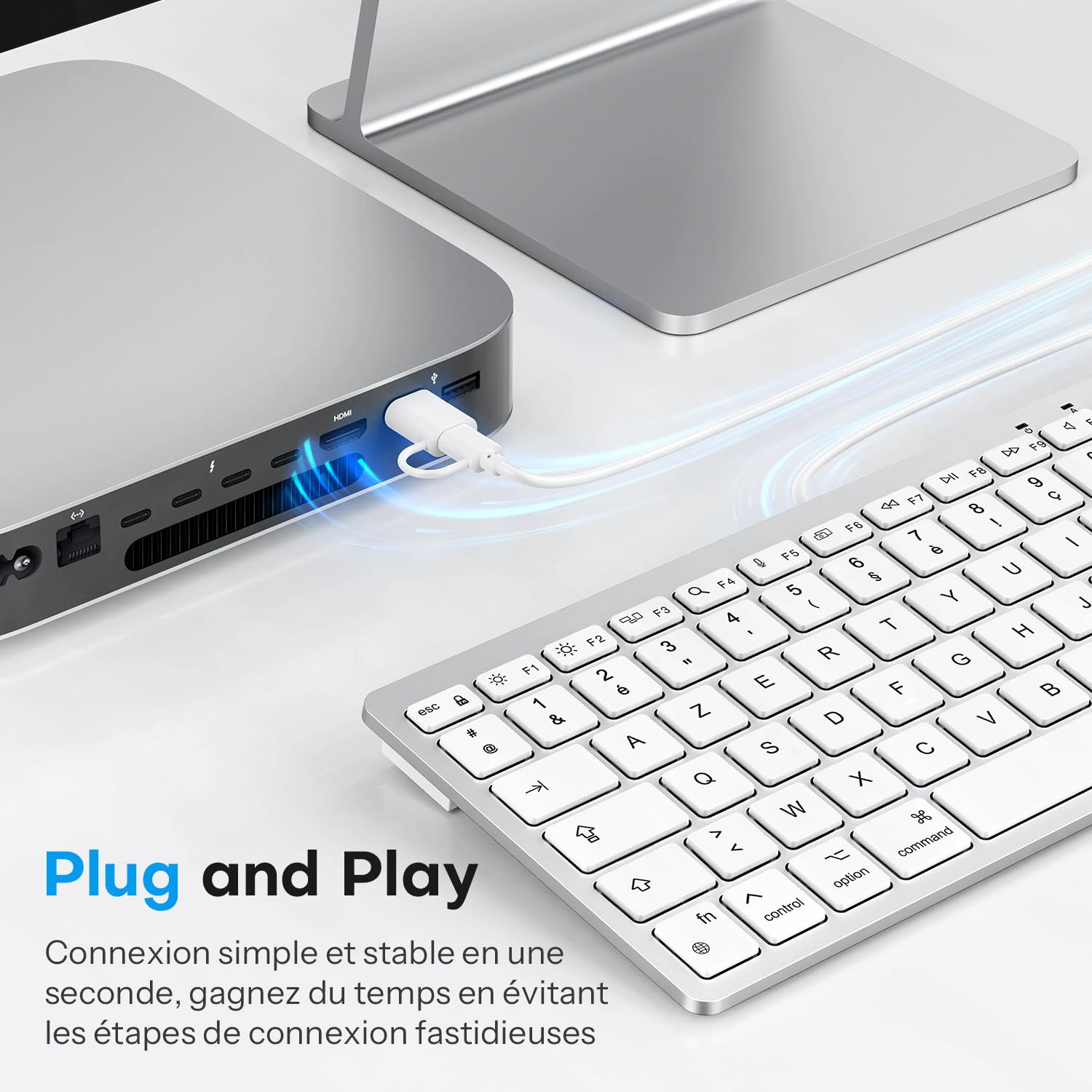OMOTON Clavier Filaire pour Mac, Clavier Compact Portable à Double Interface USB et Type-C Compatible avec Apple Mac Pro/Mini, MacBook Pro/Air, iMac Pro, AZERTY Français, Argent