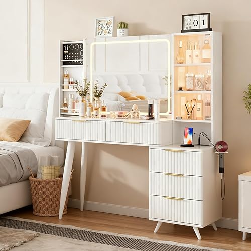60" Large Fluted Vanity Desk with Lights Mirror Big Makeup Vanity Table with Power Outlet 5 Drawers Hairdryer Holder LED Racks Sliding Cabinet Modern Glass Top Vanity with Storage for Girls, White