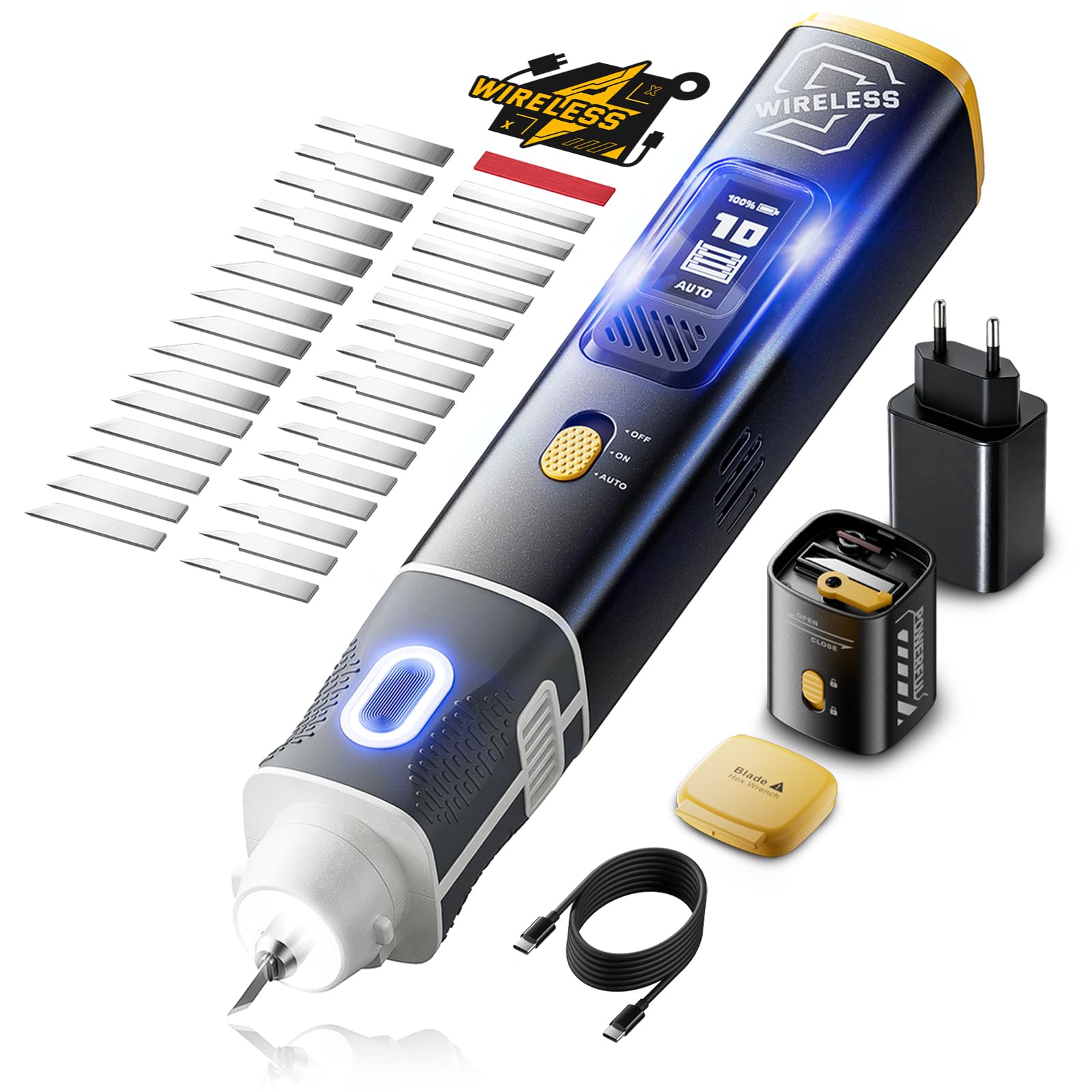 Cúter ultrasónico inalámbrico, frecuencia de trabajo de 40 kHz, 30 W de alto rendimiento, batería de 1000 mAh con cable de carga USB, pantalla LCD, para modelos 3D, piel, madera