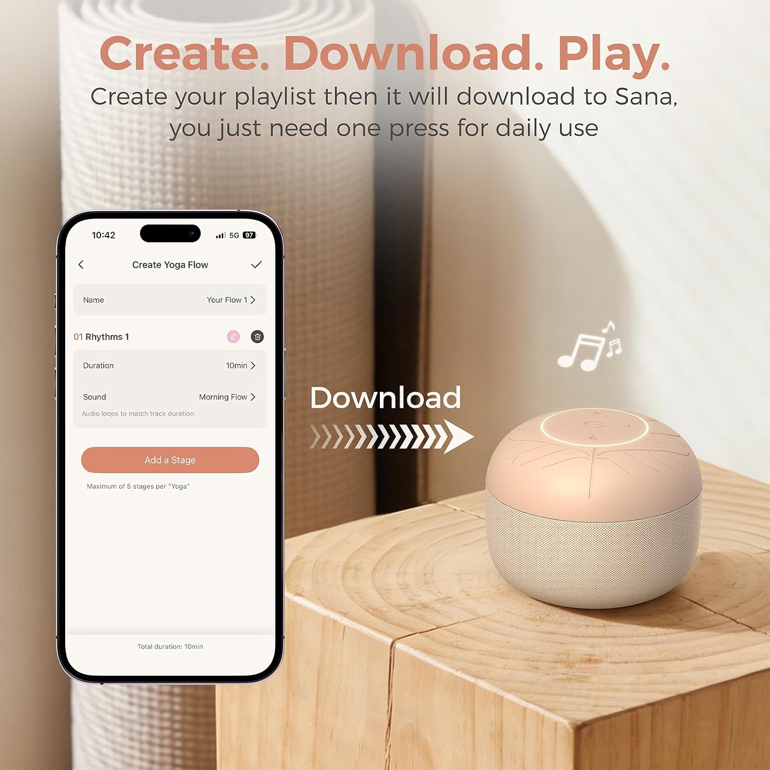 Gianna Sana Flow Sound Machine for Women, Yoga & Meditation Sound Machine with Offline Playlists, One-Touch Playback, No Phone Required, Portable Rechargeable Device for Mindfulness & Daily Practice