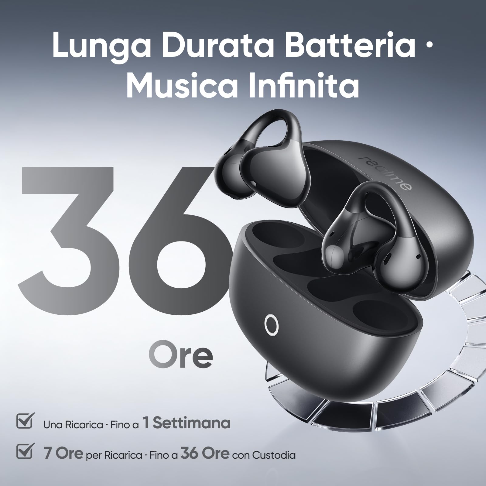 realme Buds Clip Auricolari Bluetooth Open Ear, 36H Autonomia, Chiamate con AI ENC, Traduttore AI, IP55, Bluetooth 5.4, Connessione Doppio Dispositivo, Design Titanio, per Android & iOS, Nero Titanio