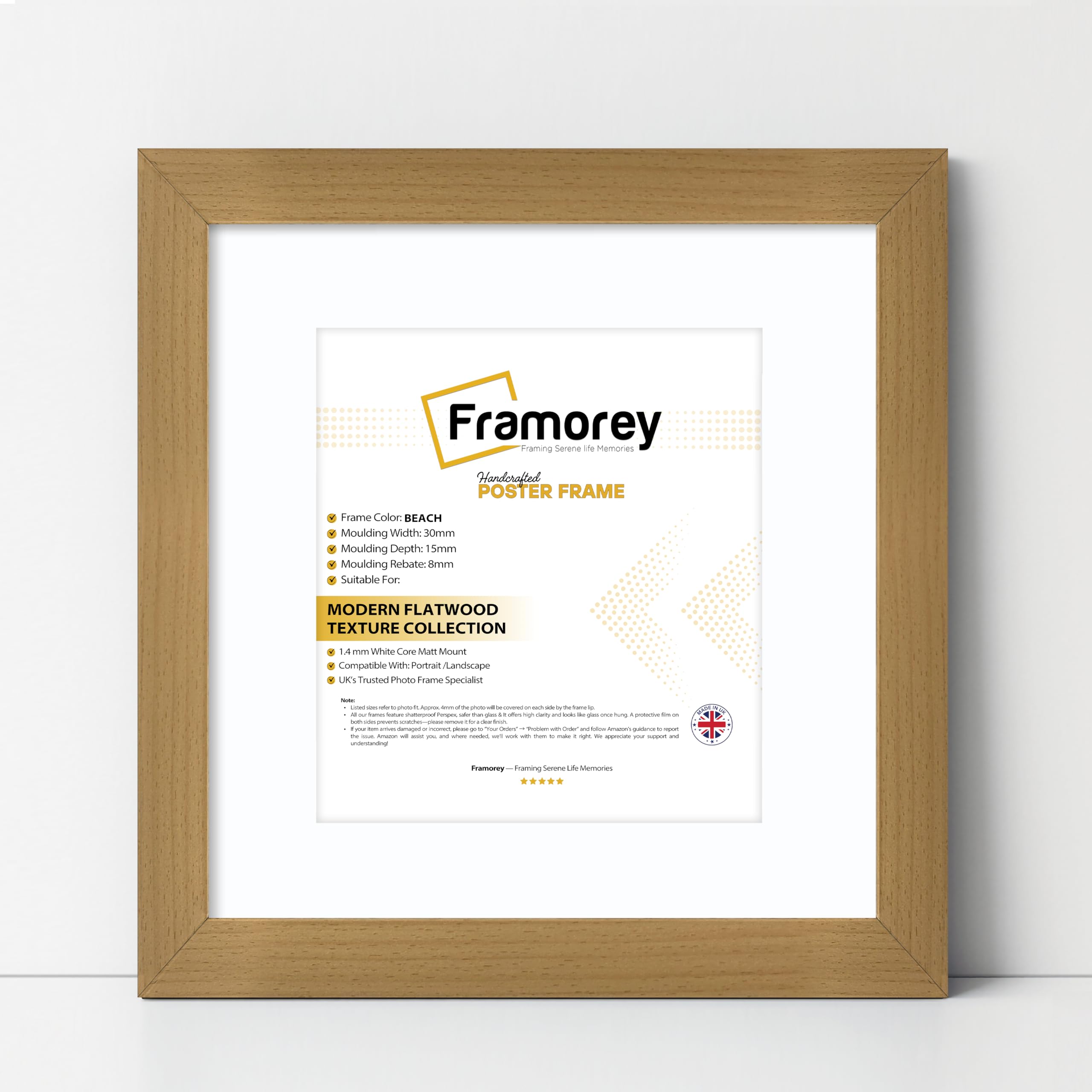 FRAMOREY Square Oxford Flat Wooden Effect Picture Frame, 27x27" Size Beech Photo Frame With 23x23" Size White Mount, Photo Print Frame, Best Photo Frames For Birthday Gift