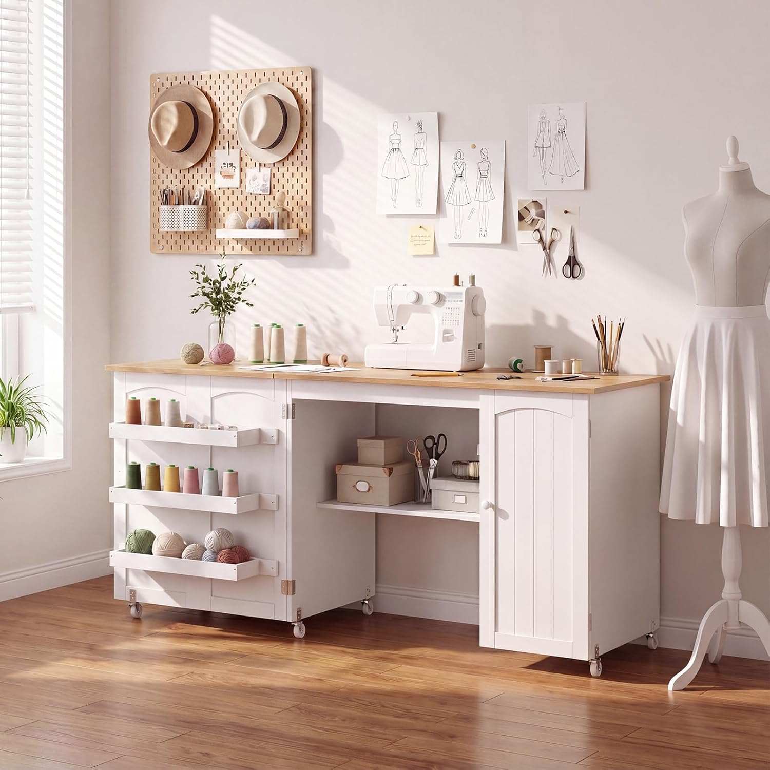Giantex Folding Sewing Table 62.5", Rolling Craft Table Station with Storage Cabinet & Shelves, Foldable Sewing Machine Cabinet Desk with Lockable Wheels for Small Spaces, Natural & White