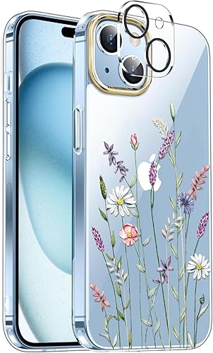 Miniatura 10 de luolnh Funda compatible con iPhone 15 Plus, para mujeres y niñas, a prueba de golpes, transparente, patrón floral, carcasa trasera dura para iPhone
