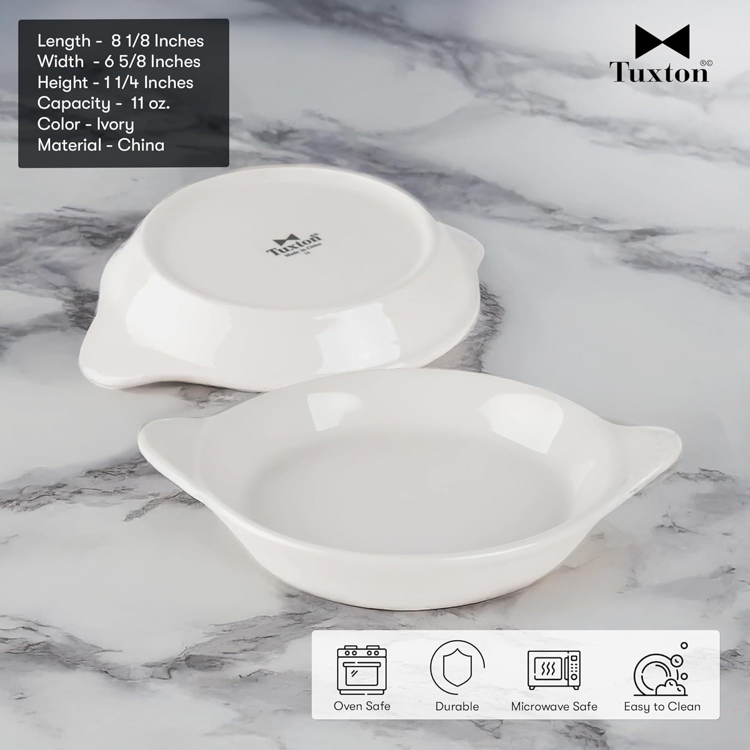 Tuxton China BEN-1102 Shirred Egg, 11 oz., 8-1/8" x 6-5/8" x 1-1/4" H, Round, Microwave and Dishwasher Safe, Oven Proof, Fully Vitrified, Ceramic, DuraTux, Pack of 12