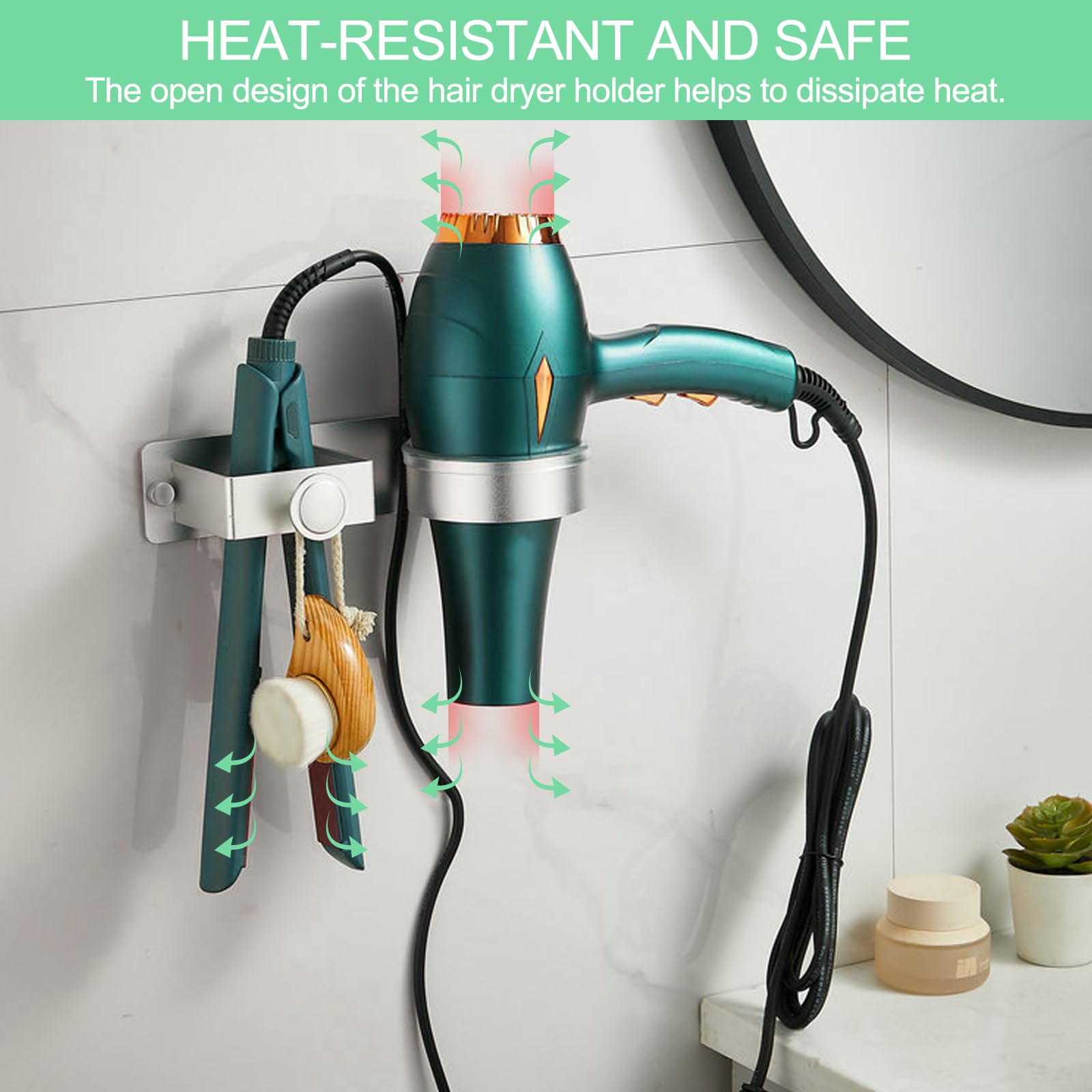 Chiluxendo Porta Phone Bagno da Muro, Porta Asciugacapelli da Parete, Supporto Phon e Piastra Senza Foratura, Portaphone da Bagno Autoadesivo, per Camere da Letto Toilette Barbiere (Argento)