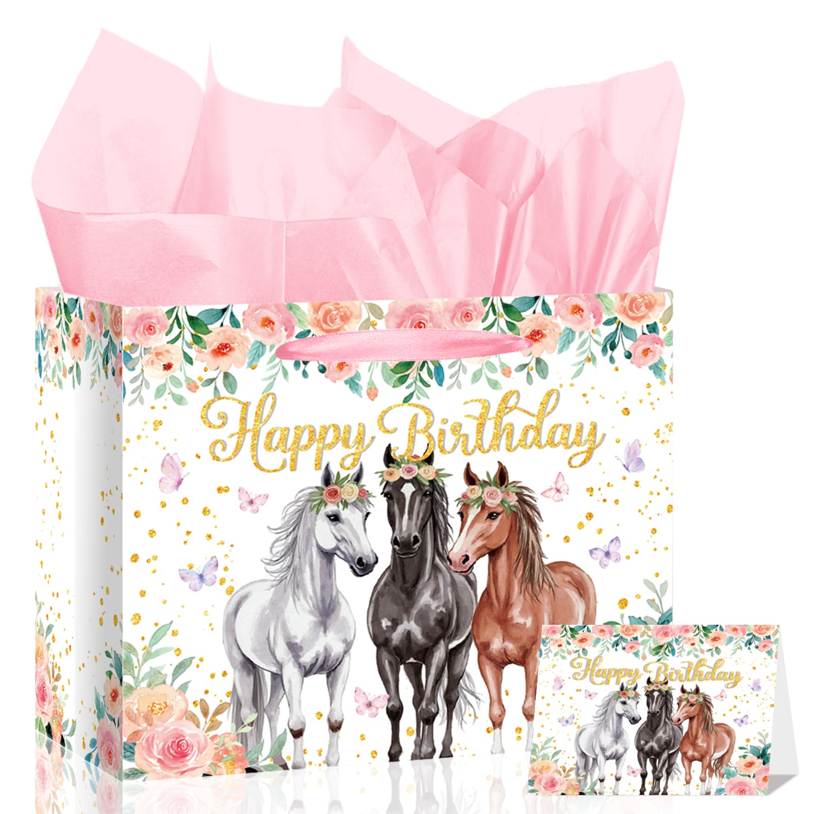 Horse Birthday Gift Bag for Girls Flower Horse Gift Bag Pink Horse Happy Birthday Party Decorations