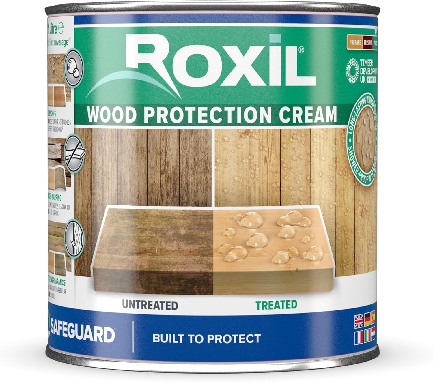 Roxil Crème Imperméabilisante pour Bois Extérieur - 1 litre - Jusqu'à 10 ans de Protection Imperméabilisante Hydrofuge pour Bois - Protection pour : Clôtures, Meubles, Abris. 5m2 par litre