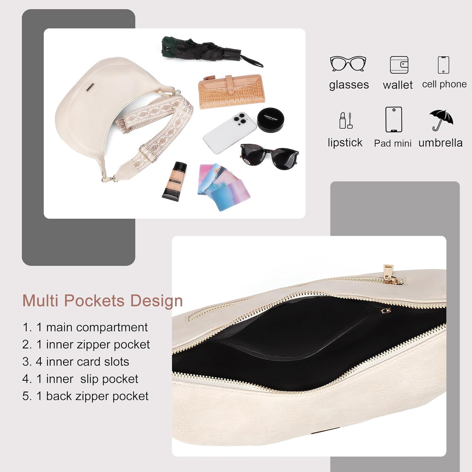 AFKOMST Boho Leather Crescent Bag Crossbody for Women Medium Half Moon Hobo Purse and Shoulder Bag for Valentine's Day Gifts | Fit Pad mini, A5 Notebook, 4 Card Slots - Image 5