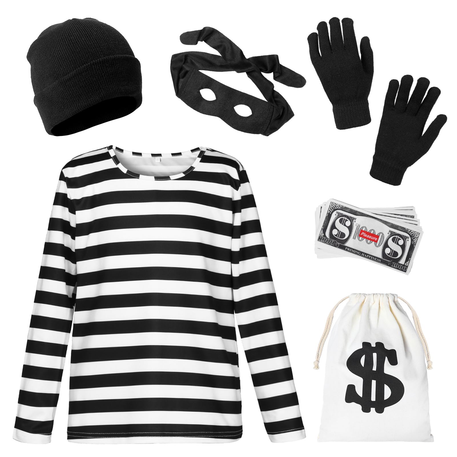 Suffolly Prisoner Costume Kids,Zombie Convict Costumes,Robber Costum Includes Top,Pant,Hat,Handcuffs Cops and Robbers Fancy Dress Burglar Costum,Halloween Costumes for Kids (Adult - Image 2