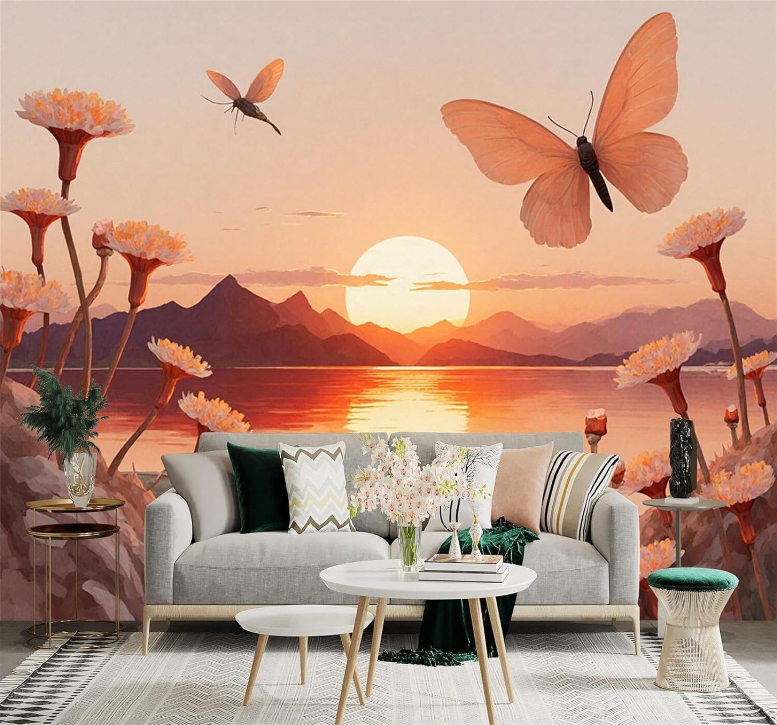 XLMING 3D Papel Pintado Lago Montañas Puesta De Sol Flores Mariposas