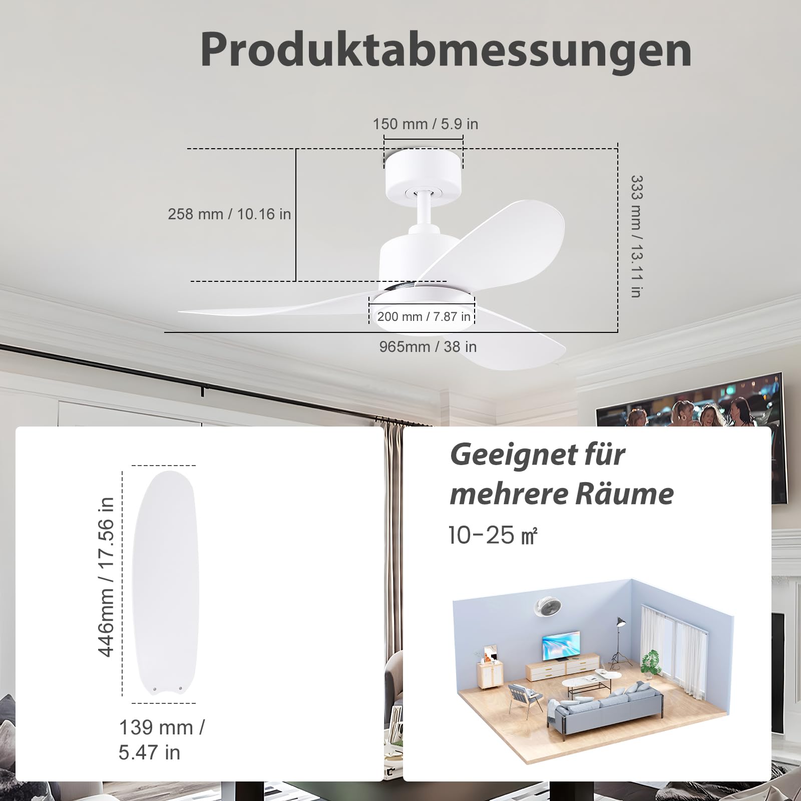 CJOY Deckenventilator mit Beleuchtung 96CM, Weiß, Fernbedienung, Leise, 3 CCT Dimmbar, Umkehrbar