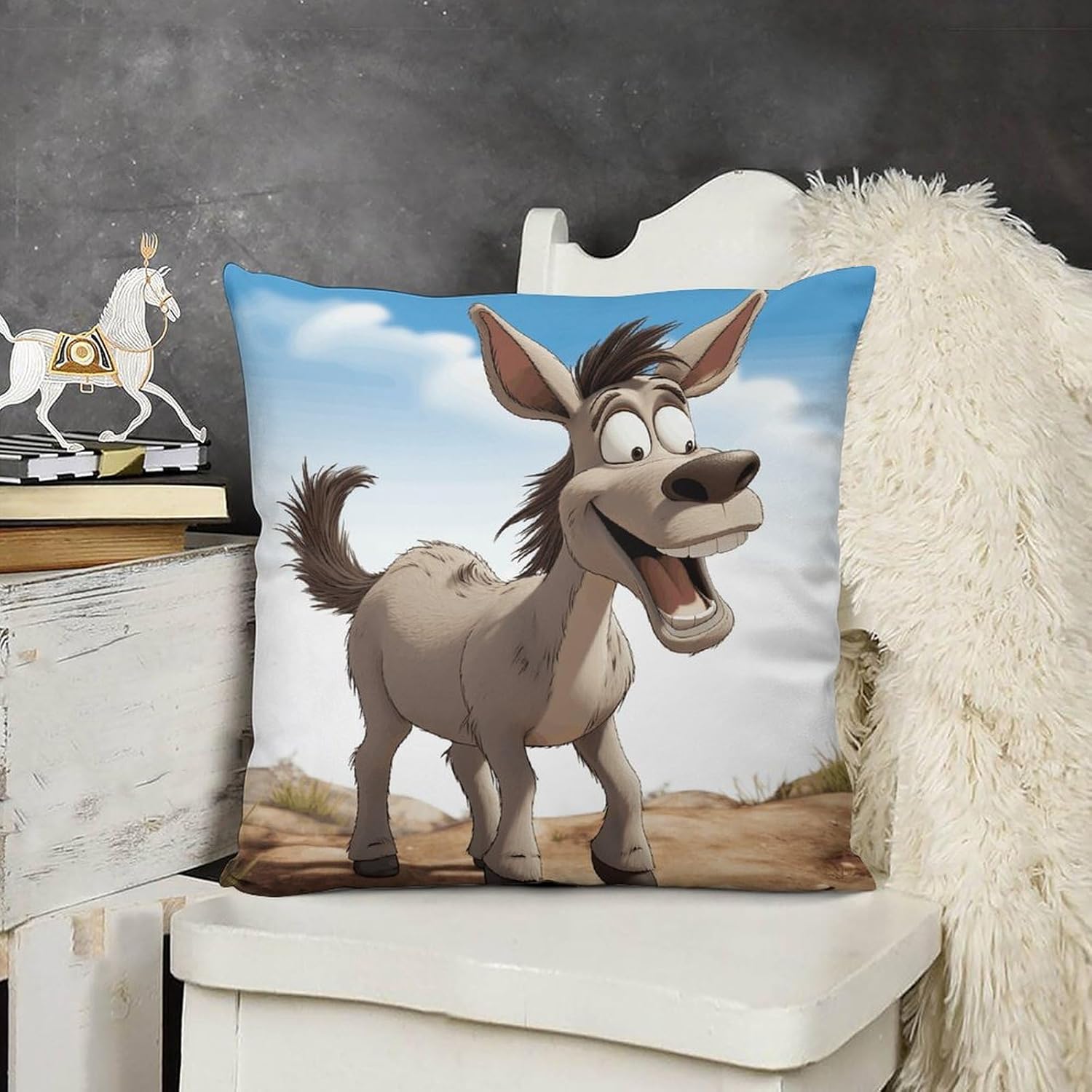 Zippered Pillow Cover, Pillow Protector, Cartoon Donkey Printed Pillow Cover of 4, Pillow Not Included