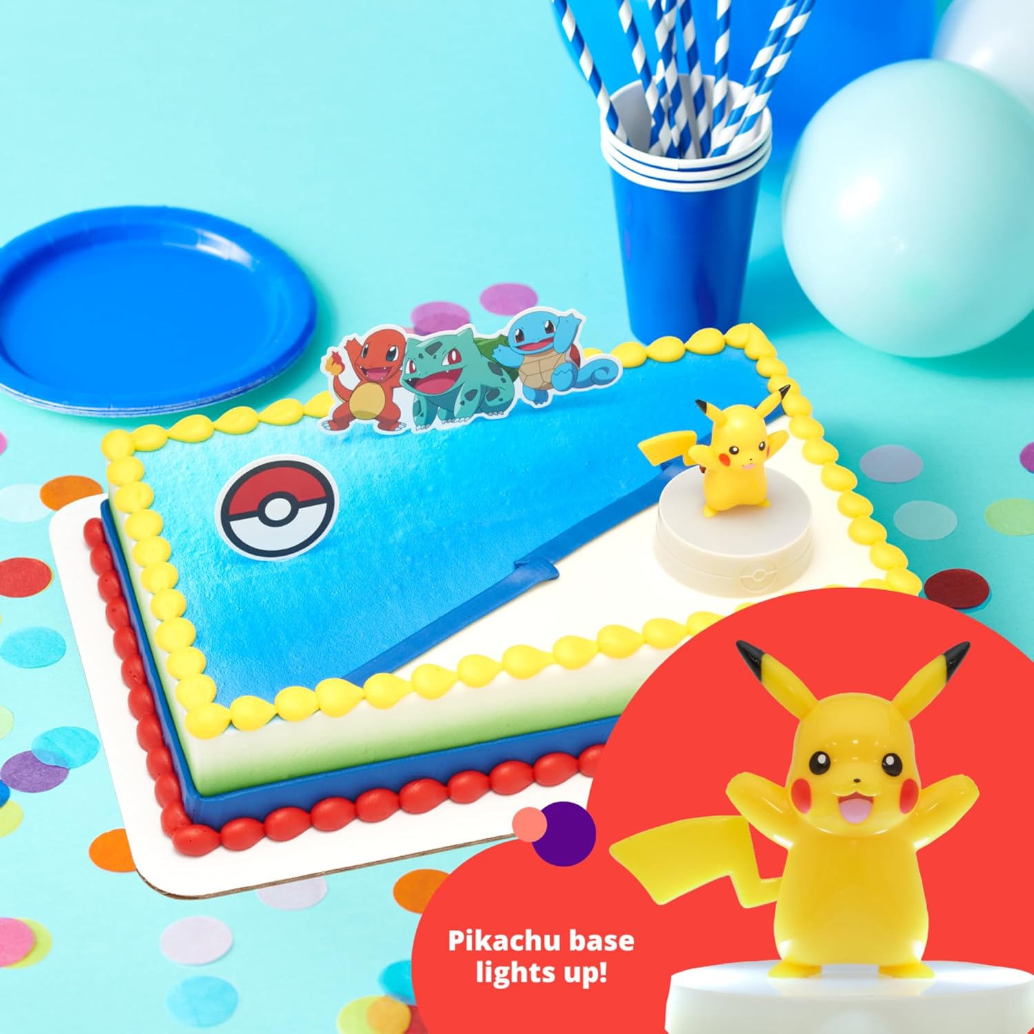 DecoSet® Pokémon Light Up Pikachu Cake Topper, 3 Piece Decoration Set, Birthday Decorations For All Size and Shape Cakes | For Birthday And Celebrations