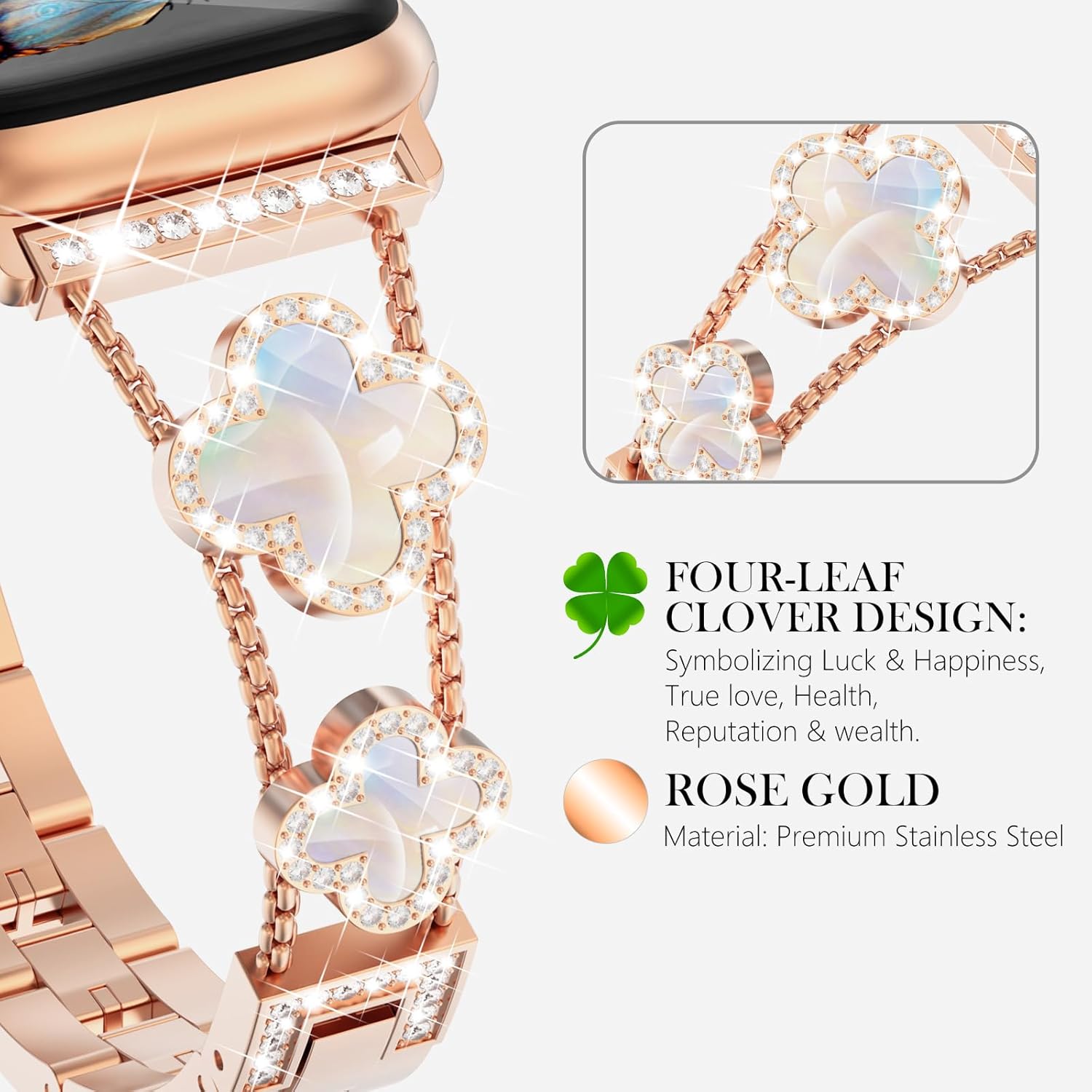 WINGLE Bling Band for Apple Watch Bands Women Series 11 10 SE 3/2/1 40mm 41mm 38mm 42mm 44mm 45mm 46mm Series 9 8 7 6 5 4 3 2 1, Sparkle Diamond Bracelet Cute Lucky 4 Leaf Clover Dressy iWatch Band - Image 2