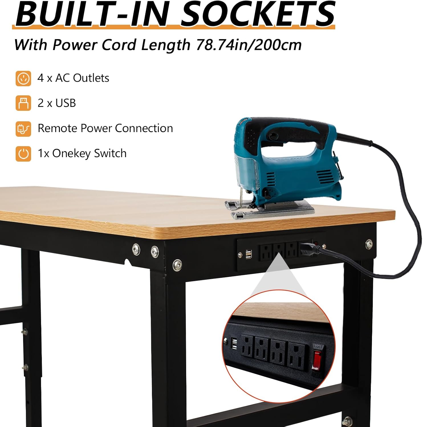 48'' Adjustable Workbench with Power Outlet, Work Table for Garage,2000 Lbs Capacity Hardwood Workbench,Heavy Duty Table for Workshop Office Home Commercial
