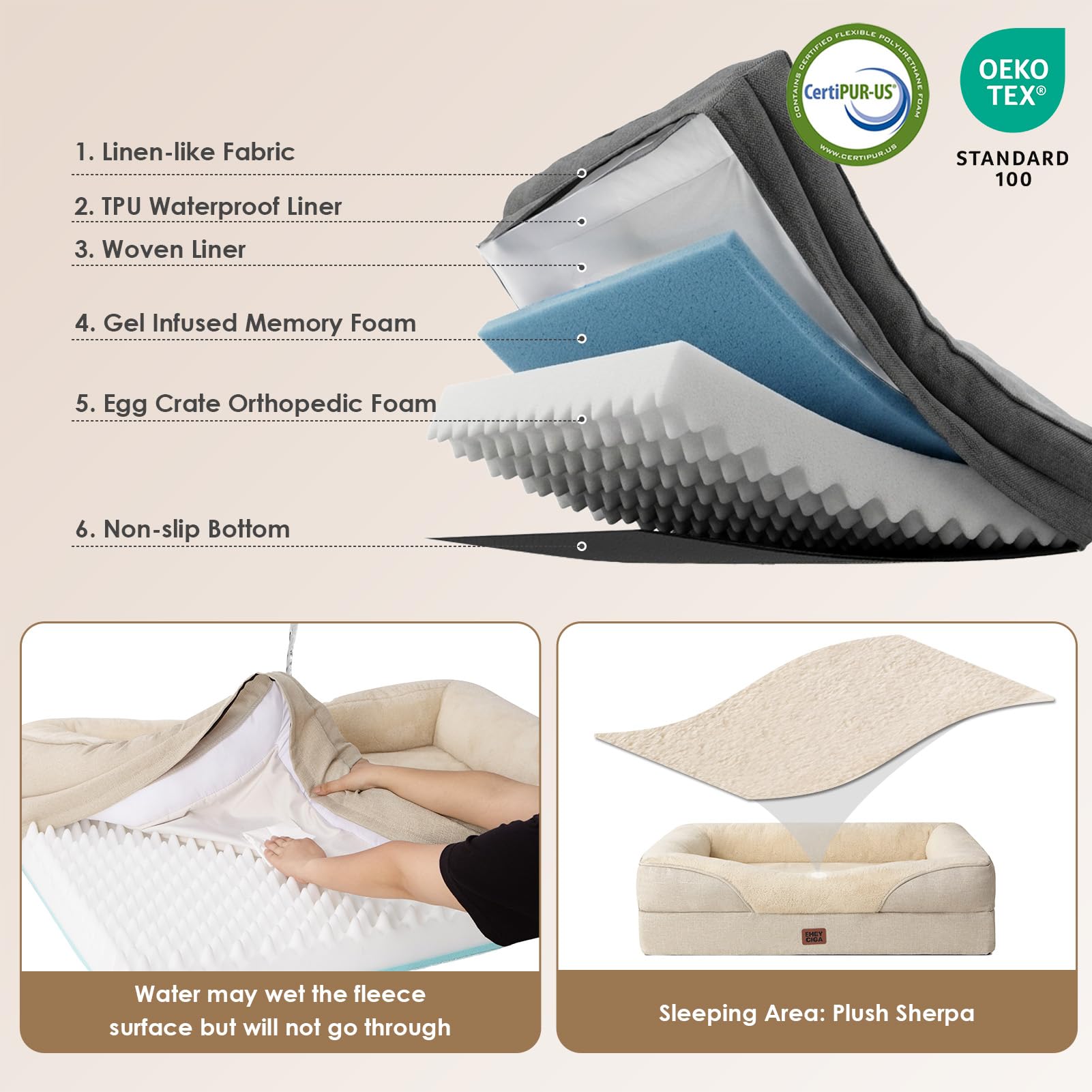 EHEYCIGA Orthopedic Dog Bed Medium, 76x51x16cm, Beige