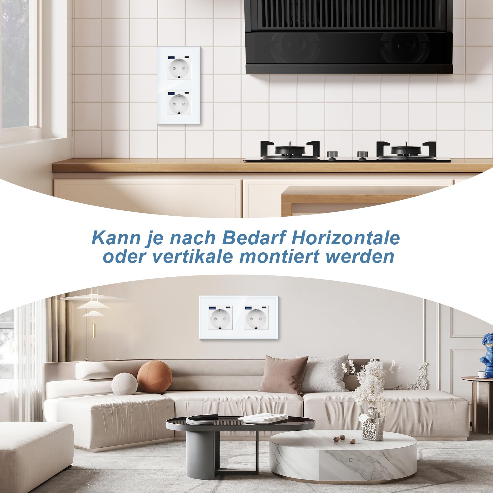 CNBINGO Pojedyncze gniazdko z 2 portami USB (maks. 2,1A, typ C i USB-A) - Proste szklane gniazdko Schuko podtynkowe - Białe gniazdko ścienne z zabezpieczeniem dziecięcym