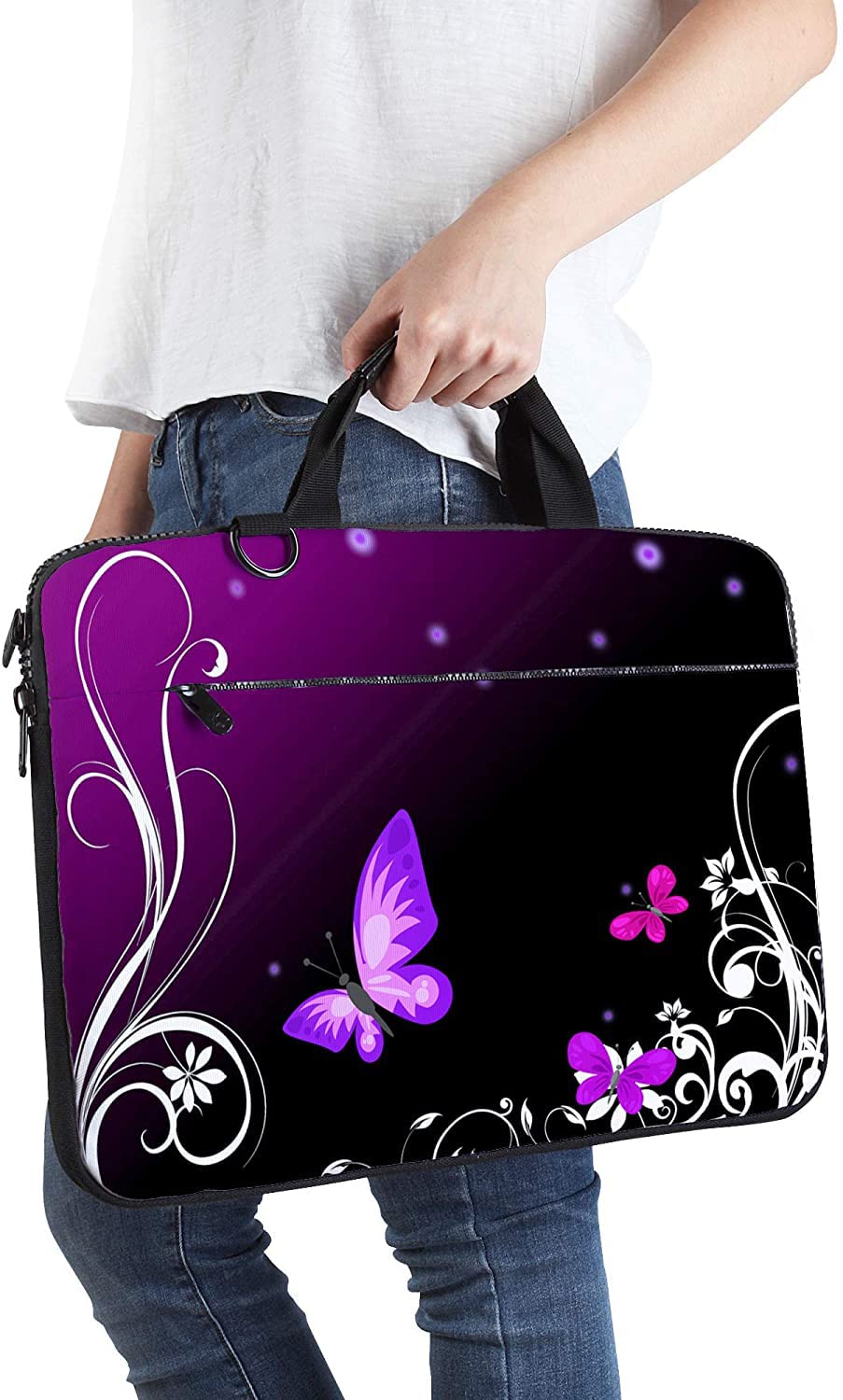 Sidorenko Sacoche Ordinateur 17 Pouces Femme, Housse PC Portable 17.3 Pouces avec Bandoulière et Poignée - Sac Ordinateur Rembourrée à Poche Avant Zippée - Motif Papillon Fleuri Rose et Noir