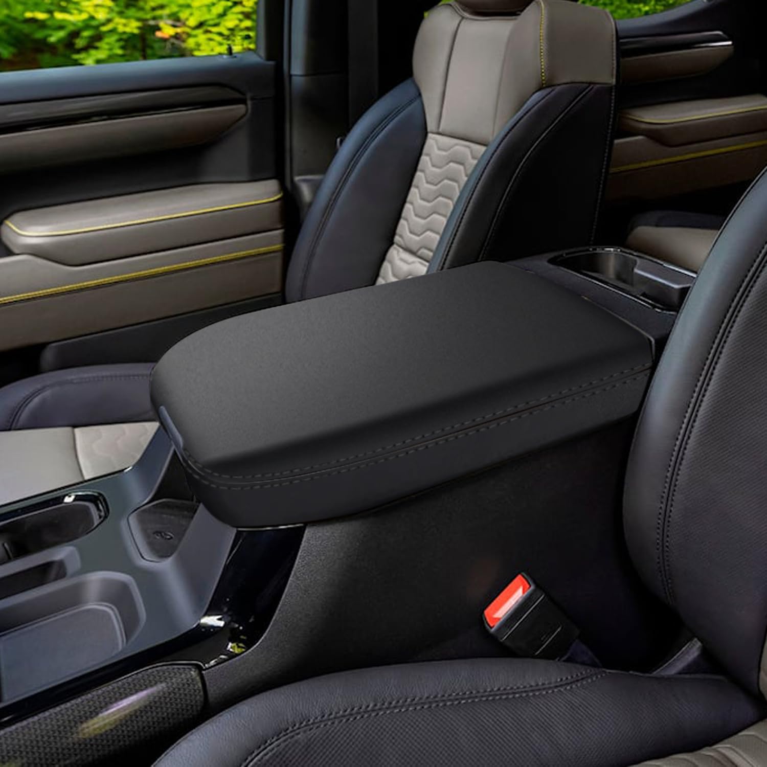 YOFAMO Center Console Pad Armrest Box Cover Leather Protector Covers for Chevy 2024 Silverado&GMC Sierra 2500HD 3500HD, 2024 Silverado&Sierra 1500, Bucket Seats Only(Black+Black Stitches)