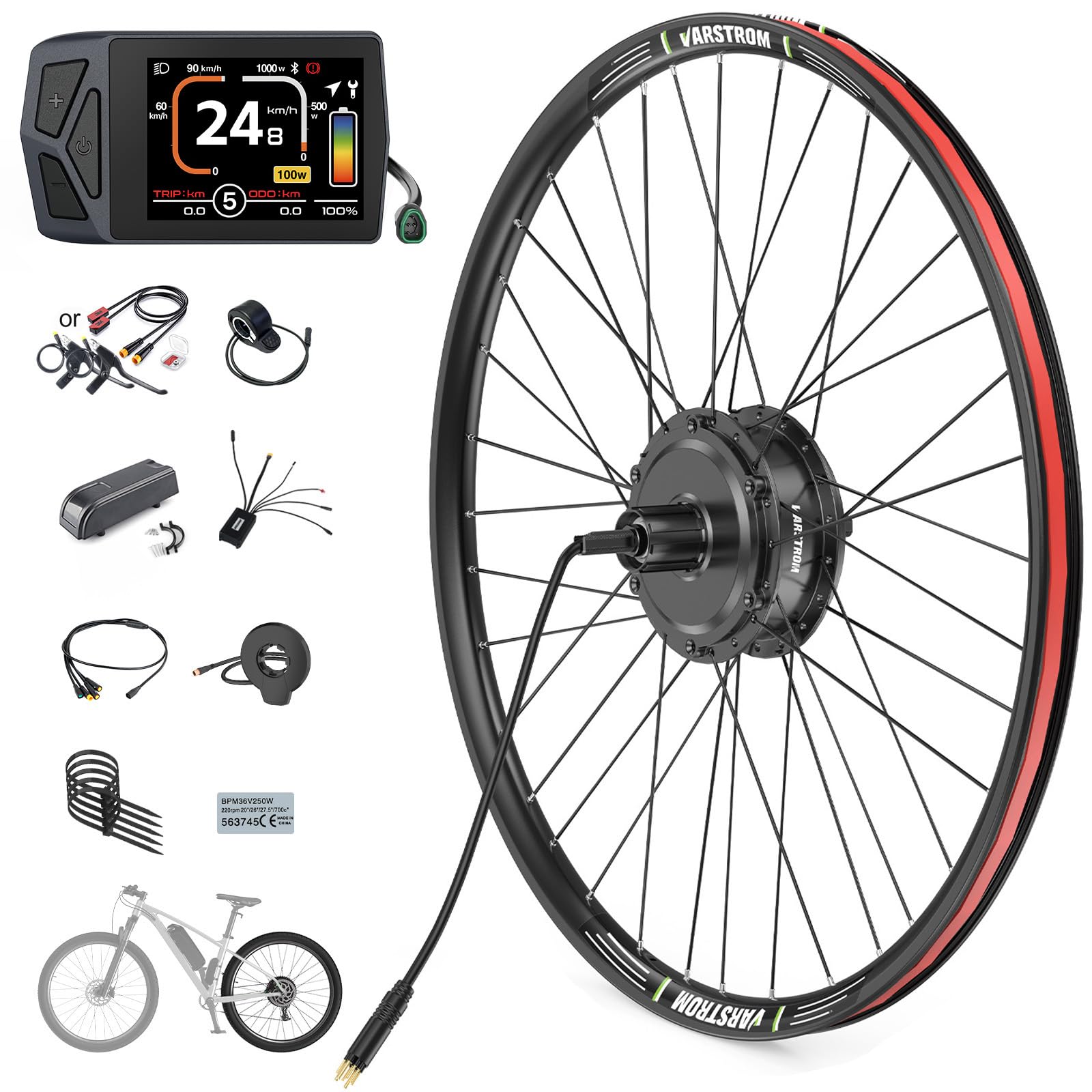 Varstrom 36V 250W Rear E-Bike Conversion Kit : Universal Fit for 26" 27.5" 28" 29" 700C Wheel, Includes Rear Cassette Hub Motor with Rim, PAS Sensor & Controller for City & Mountain Bikes