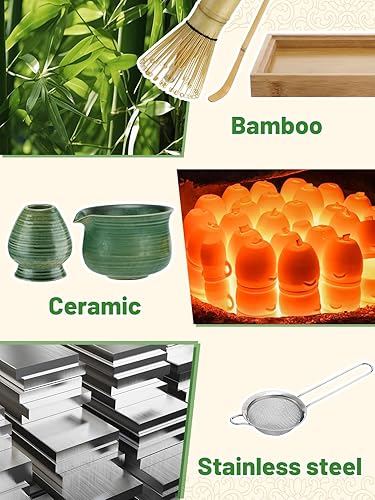 Miniatura 4 de MADHOLLY Juego de batidor de matcha con bandeja, cuenco de matcha con boquilla, batidor y soporte, cuchara de bambú, tamiz, kit de matcha japonés,