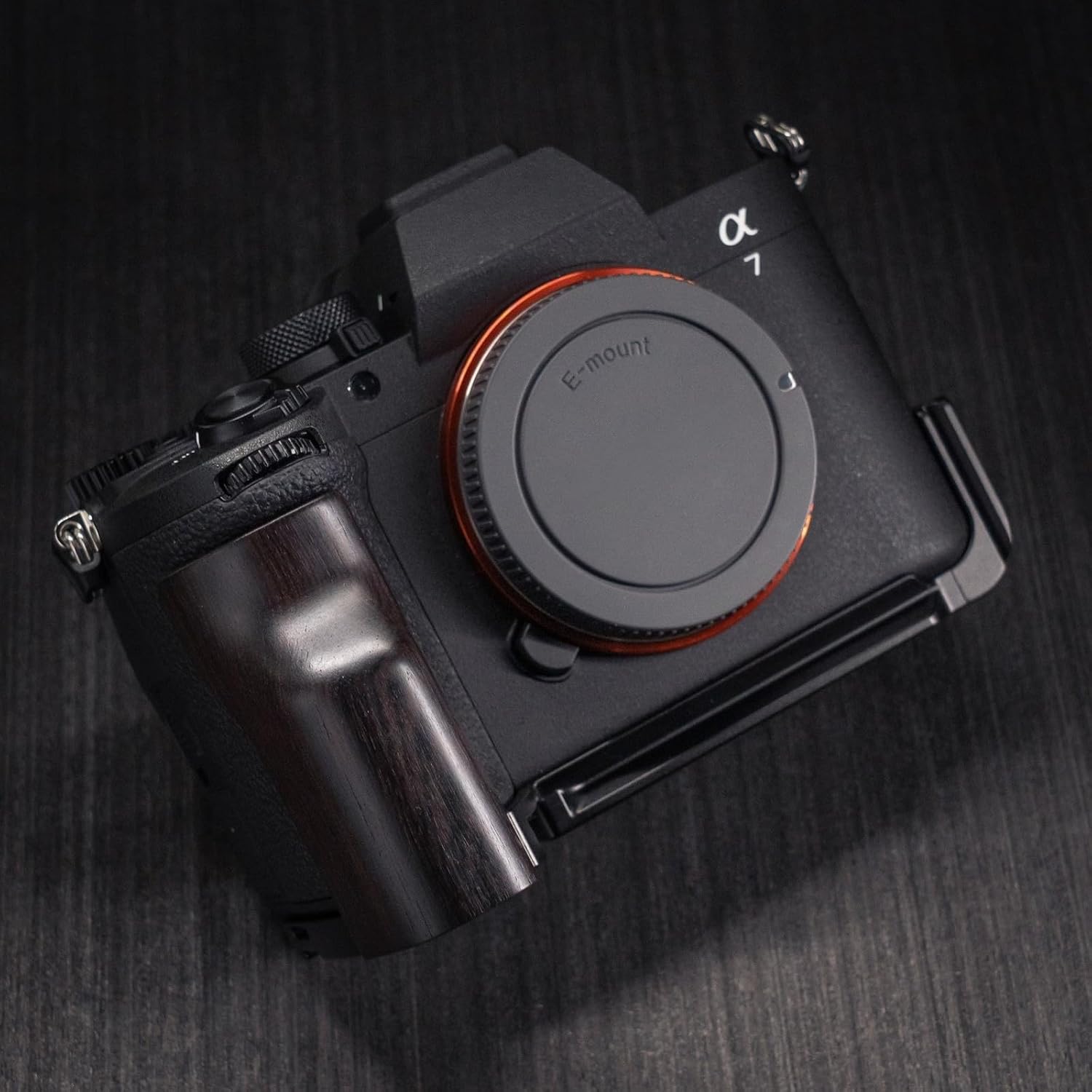 Wooden L Handle Grip Holder for Alpha 7 V A7M5 ILCE-7M5 Camera Aluminum Alloy Baseplate Arca (Ebony + Black Base)