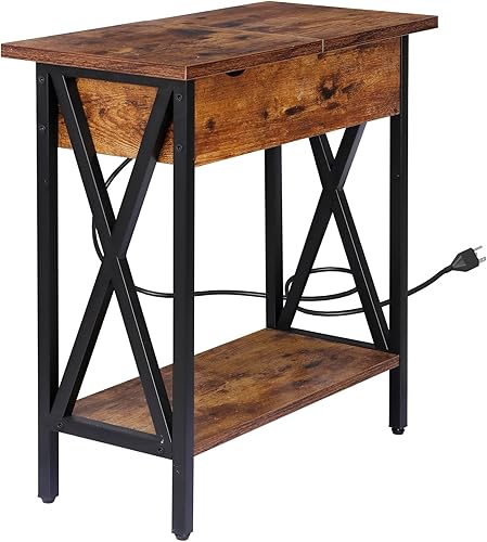 Miniatura 8 de ZENY Mesa auxiliar con estación de carga mesa auxiliar abatible con puertos USB y tomacorrientes mesa de sofá estrecha para sala de estar dormitorio