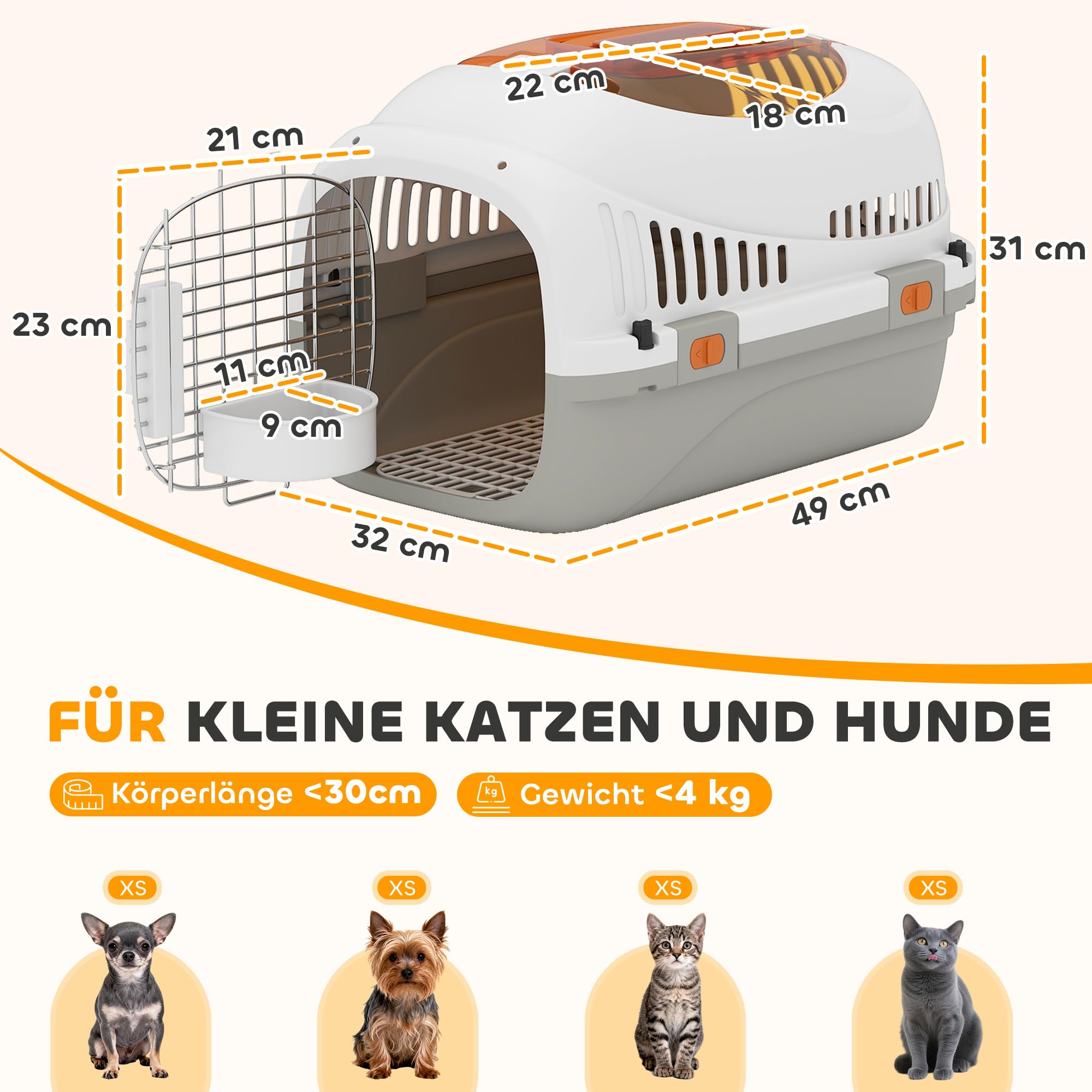 PawHut Transportbox Hundetransportbox für Katze Miniaturhunde bis 4kg 49x32x31cm Hundebox mit Dachöffnung Futternapf Sicherheitsverschluss Katzenbox aus Kunststoff mit Stahlgitter Hellgrau