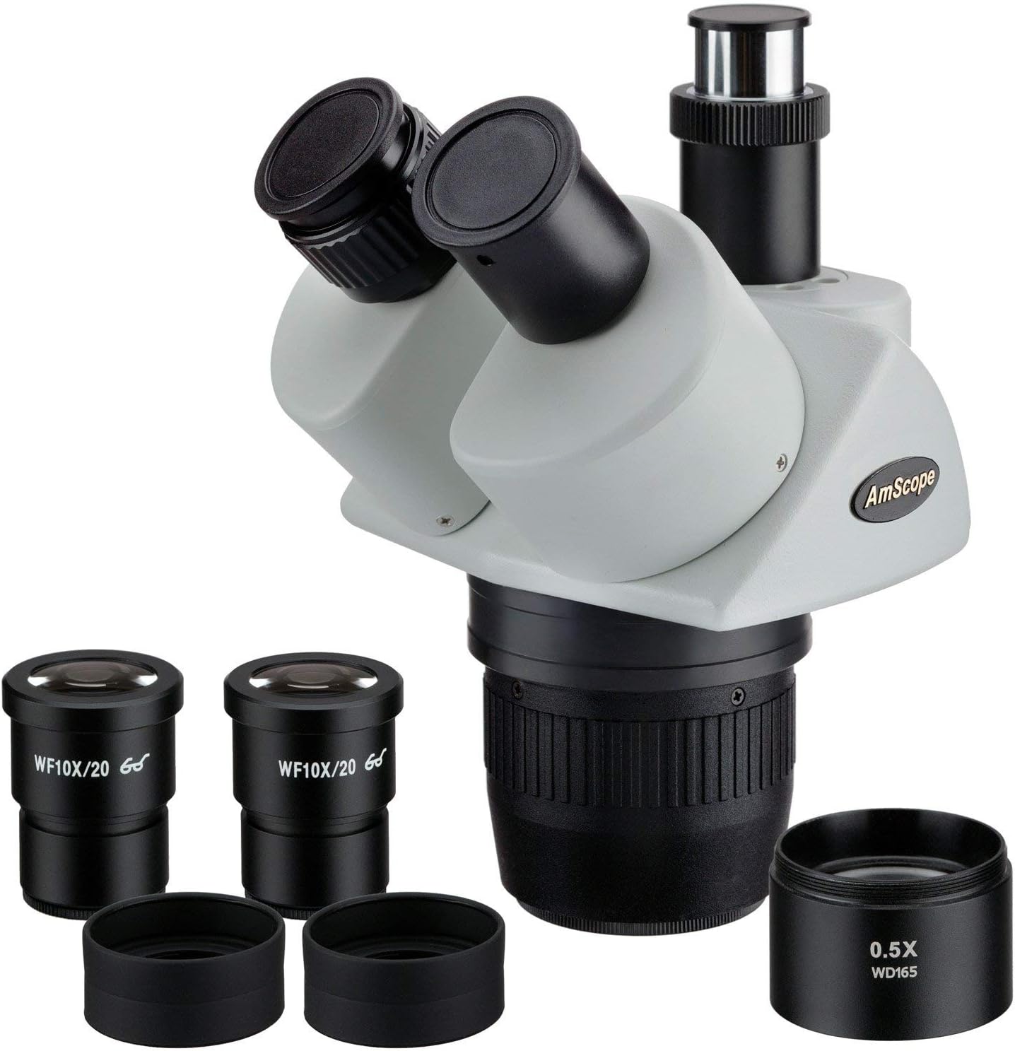 AmScope SW13TX Trinocular Stereo Microscope Head, WH10x Eyepieces, 5X/10X/15X/30X Magnification, 1X/3X Objective, Includes 0.5x Barlow Lens