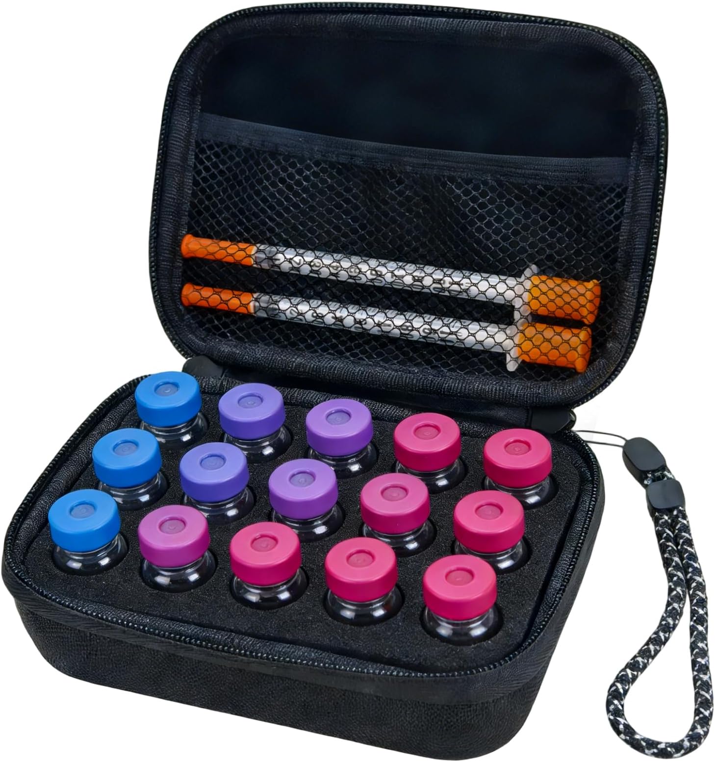15 Slots Peptide Case, Insulin Vial Protector Fridge Holder Storage Case for Diabetics Standard 10ml U-100 Vials, Insulin Vial Organizer Bag Insulin Carrying Case with Wrist Strap (Black)
