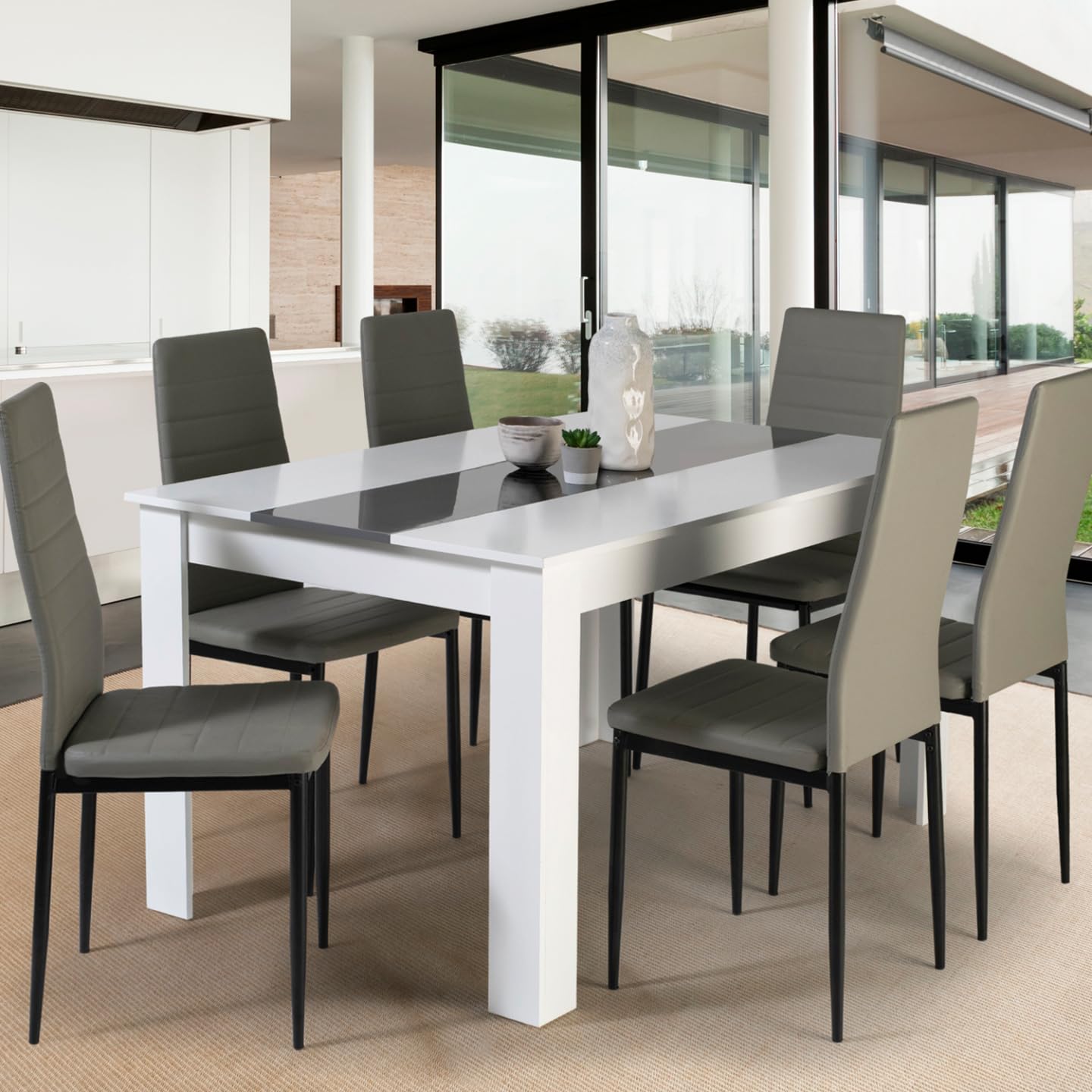 Table à Manger Georgia 140 cm Blanche et Grise avec 6 Chaises Romane Grises