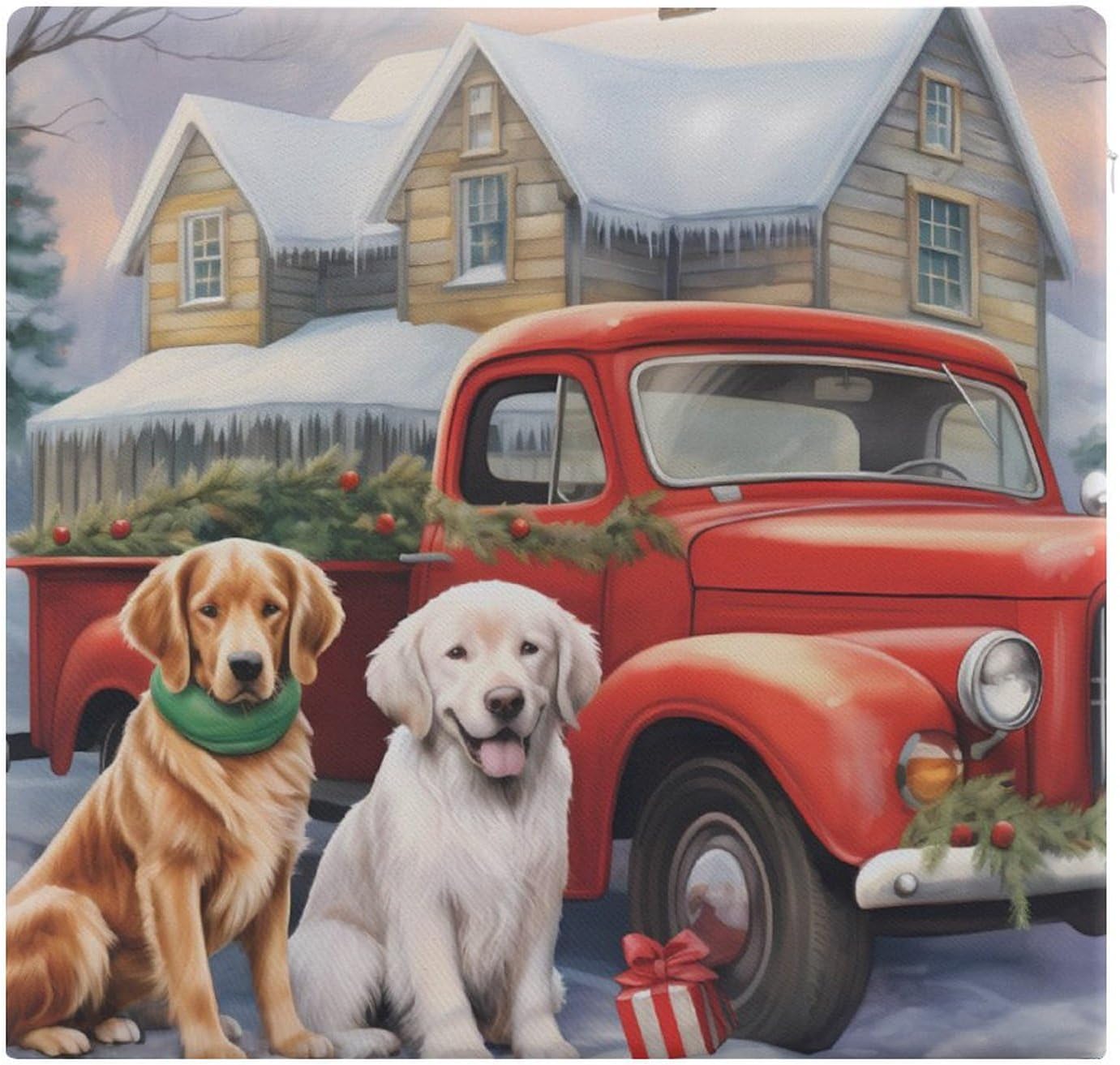 Christmas Red Truck Dog House Floor Pillow Meditation Yoga Cushion Square Chair Cushion Pillows Seating for Adults