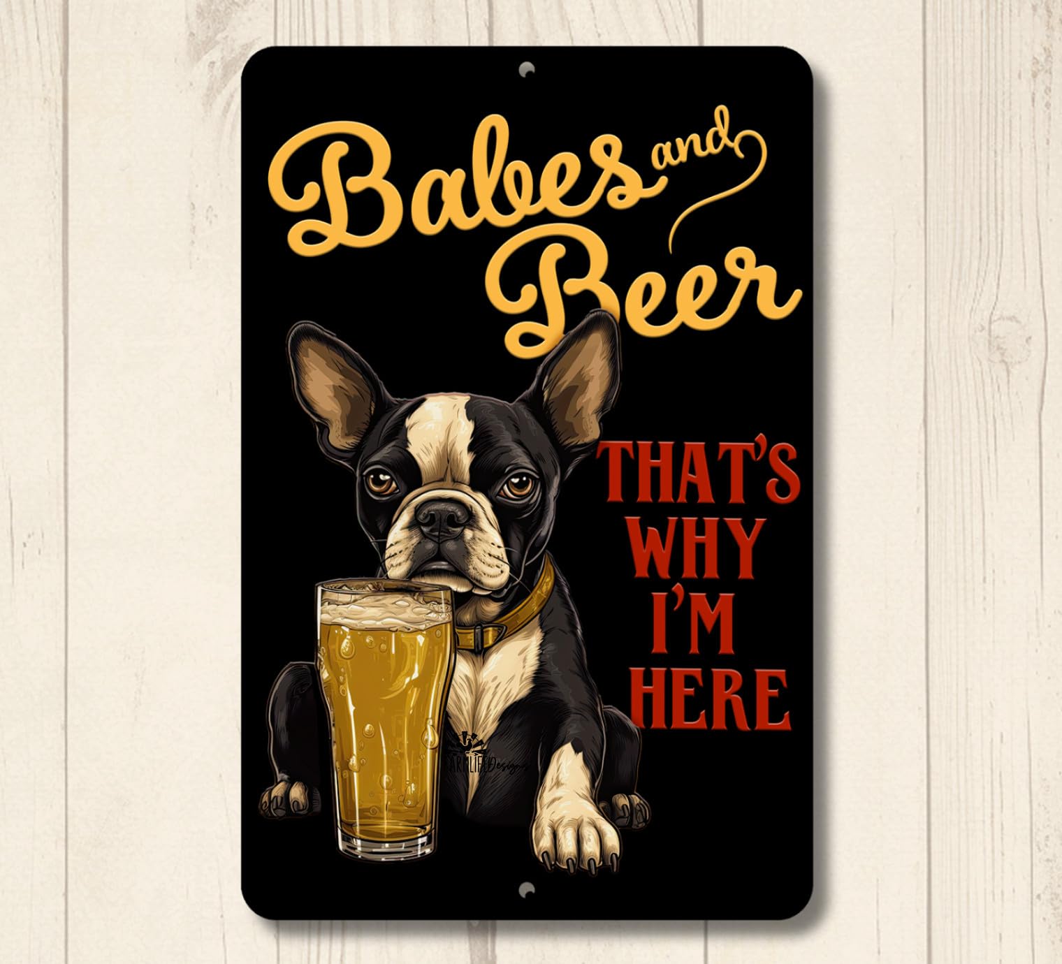 Boston Terrier Man Cave Sign Babes & Beer funny metal tin home bar decor gift home decor