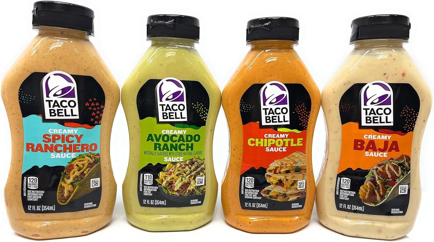Taco Bill Creamy Taco Sauce: (1) Avocado Ranch, (1) Chipotle, (1) Baja, (1) Spicy Ranchero