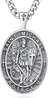 INFUSEU St Michael Necklace for Men Saint Michael Pendant the Archangel Medal San Miguel Arcangel Medalla Christian Jewelry Religious Gift Catholic Medallions Women Male Cool Punk Protection Spiritual
