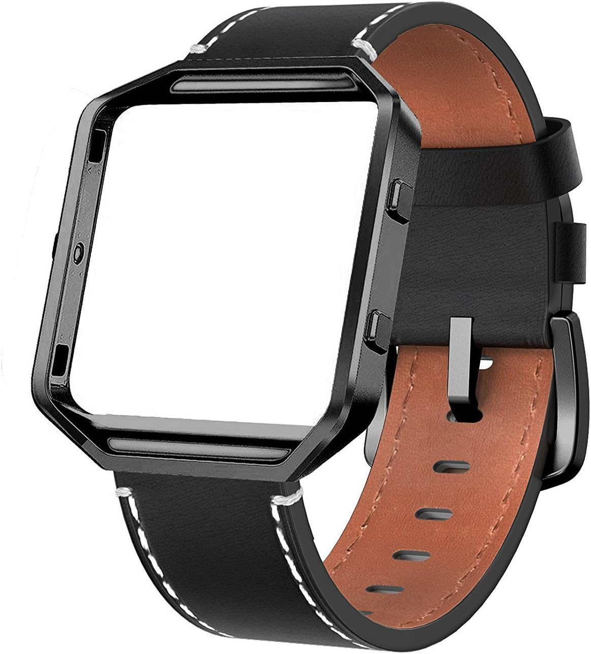 Andyou for Fitbit Blaze Bands Leather with Frame Small Large (5"-8.2"), Genuine Leather Replacement Band with Silver/Rose Gold/Black Metal Frame for Fitbit Blaze Women Men, Black, Brown, White, Gray.