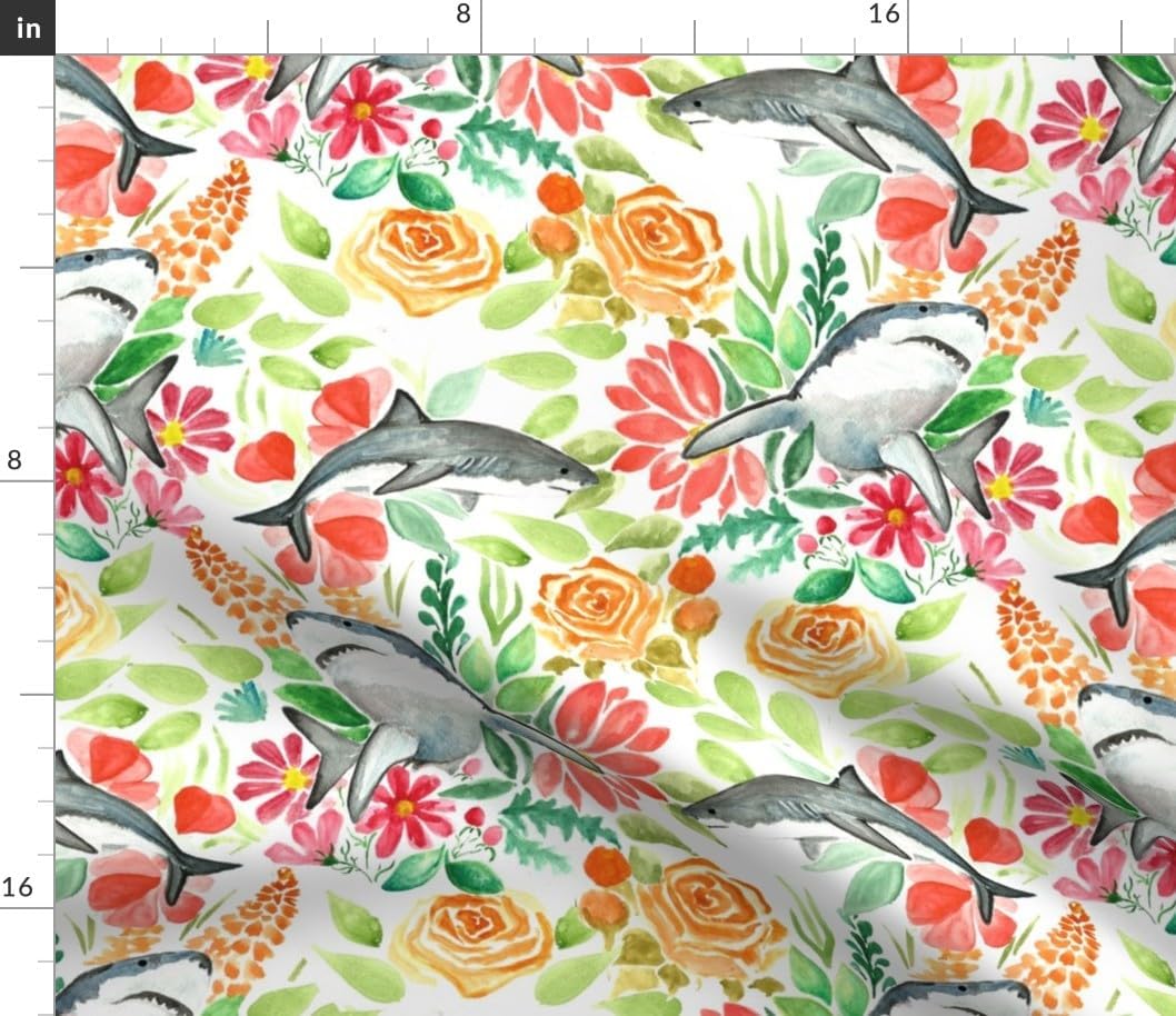 Spoonflower Fabric - Floral Shark Hawaiian Orange Red Greed Coastal Beach Nautical Sea Life Printed on Petal Cotton Fabric Fat Quarter - Sewing Quilting Apparel Crafts Decor