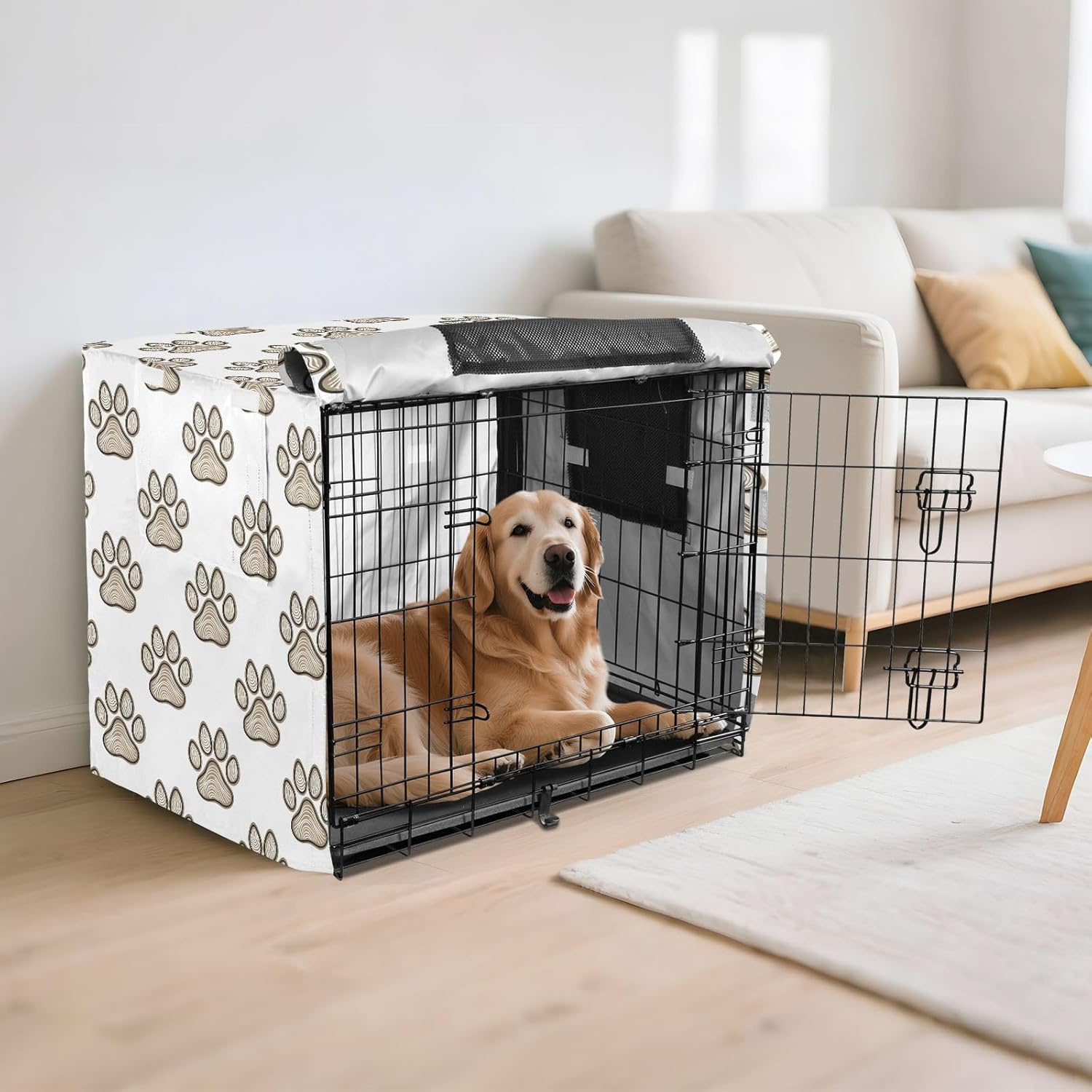 Paw Print Pattern Dog Crate Cover 600D Oxford Pet Kennel Cover with Mesh Window for Dog Cages, Windproof Waterproof Machine Washable, 42"x28"x30"