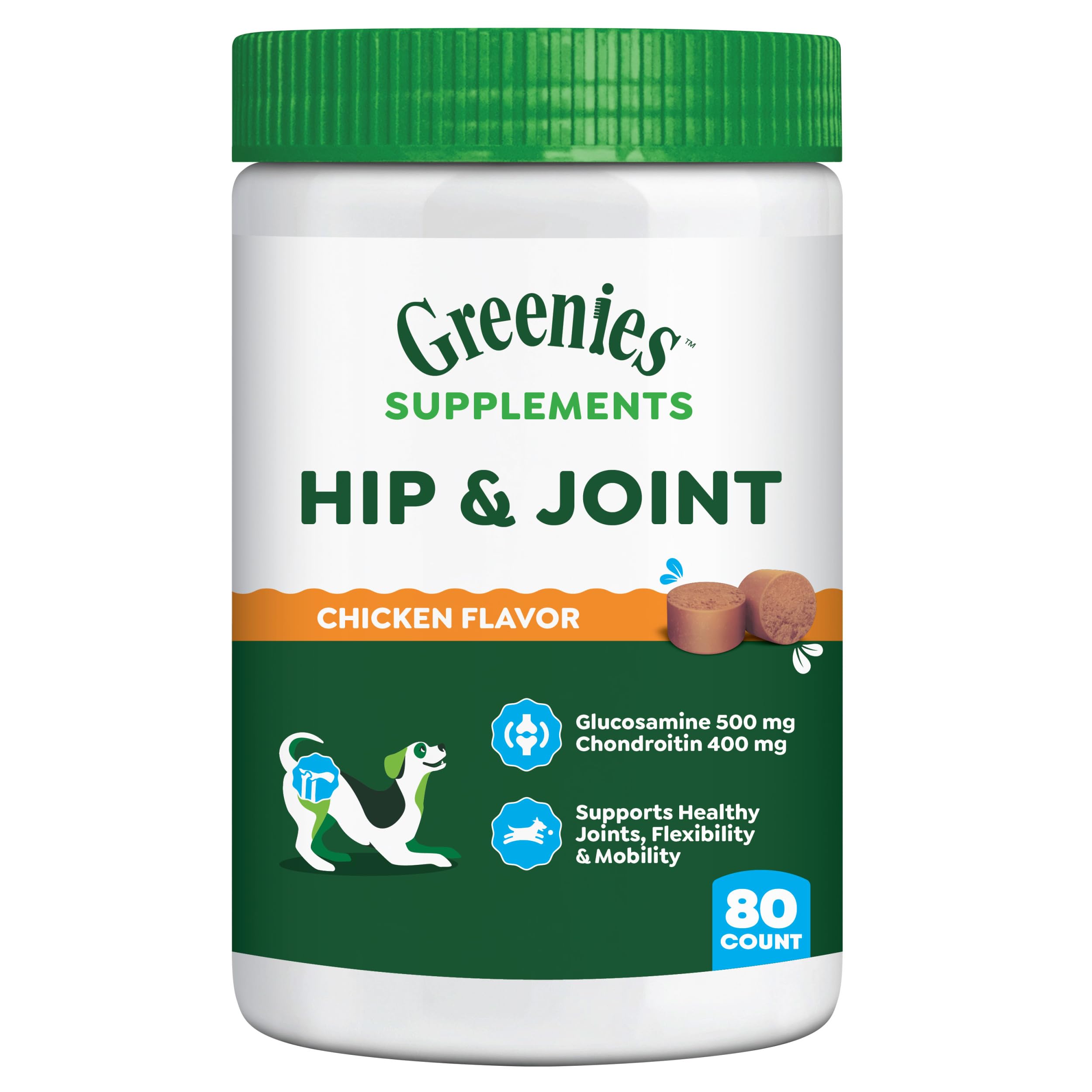 Greenies Supplements Hip and Joint Supplements for Dogs, with Chondroitin & Glucosamine for Dogs, Chicken Flavor, 16.2 oz. Container, 80 Count