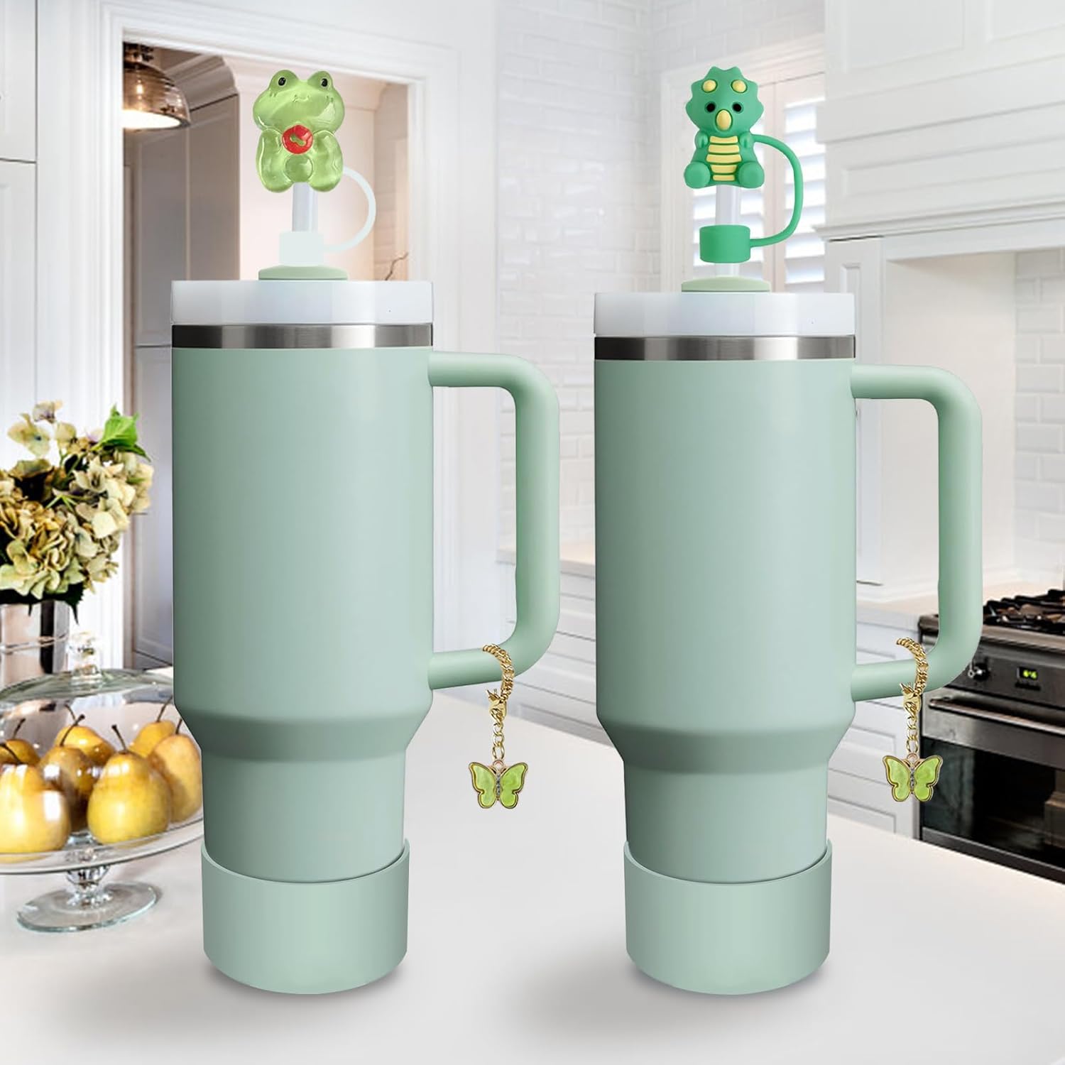 Stanley Cup Accessories Set,Including 2 Pcs 0.4in Straw Cover, 1 Silicone Spill-Proof Stopper, 1 Cute Handle Charm, 1 Silicone Boot Fits Stanley 40&30 Oz Tumbler (Eucalyptus Green) - Image 6