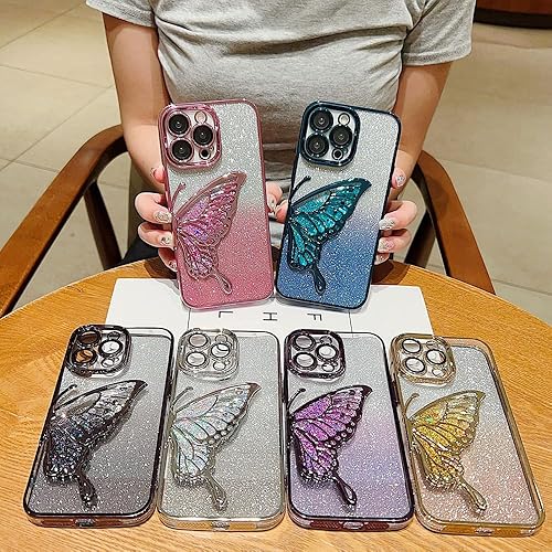 Miniatura 5 de Casechics Funda compatible con iPhone, funda de teléfono con purpurina electro chapada en mariposa de arena líquida, protección de lente de cámara,