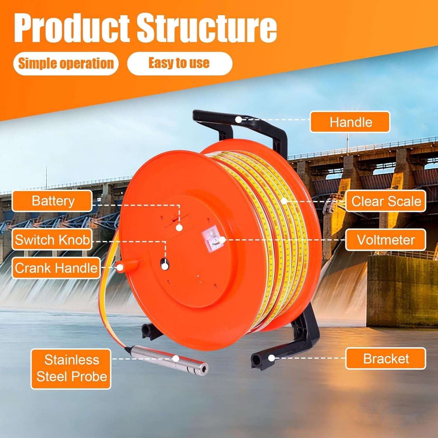 Groundwater Level Meter, Well Water Level Meter with Fixed Probe, Steel Tape Measuring System and Audible Indicator for Hydrology and Irrigation Use 10m to 300m(150m)